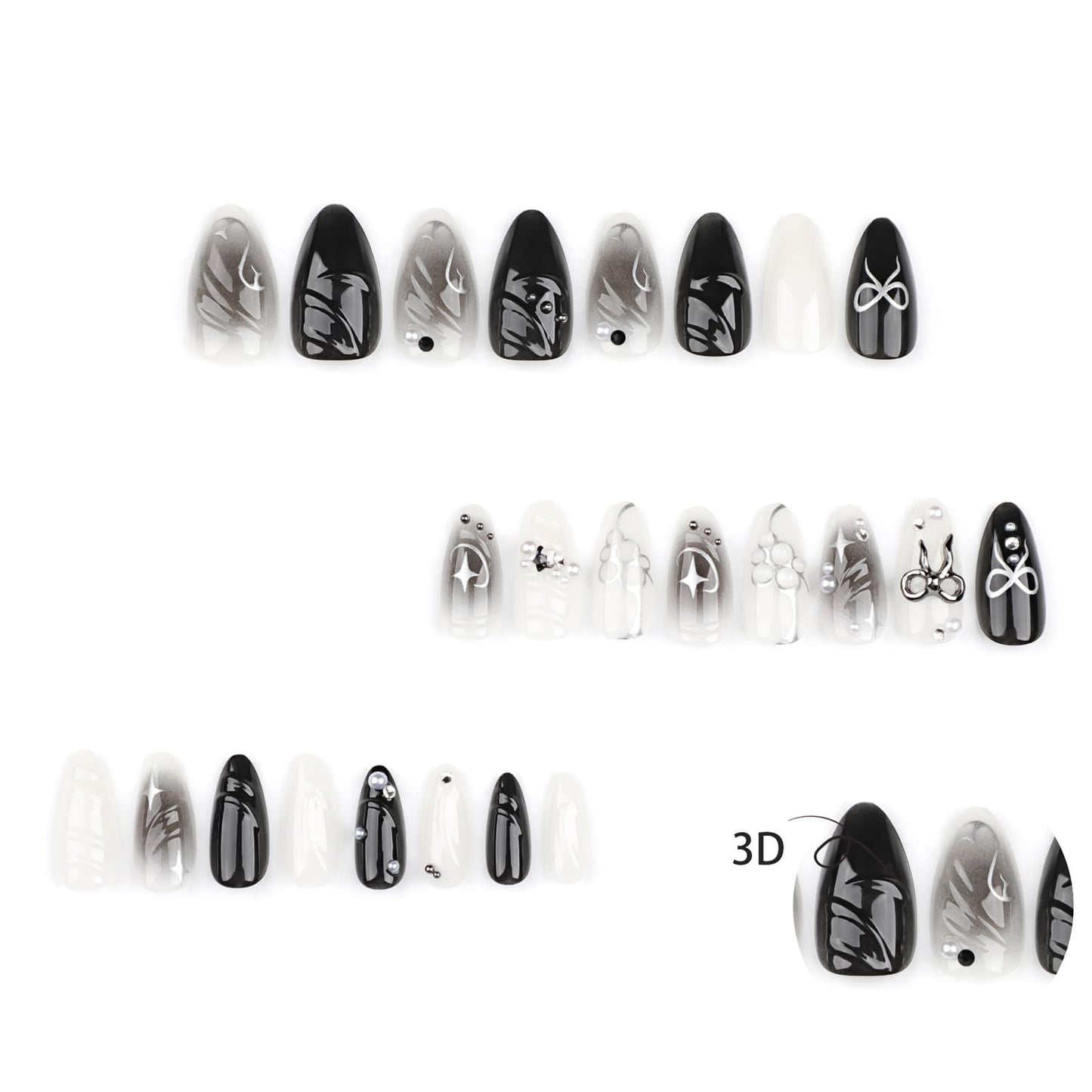 24PCS Black Press on Nails Medium Almond Fake Nails with 3D Alloy Bow Pearl Design Silver Shining Star Full Cover False Nails Water Drops French Tips Cute Stick on Nails Acrylic Fingernails for Women
