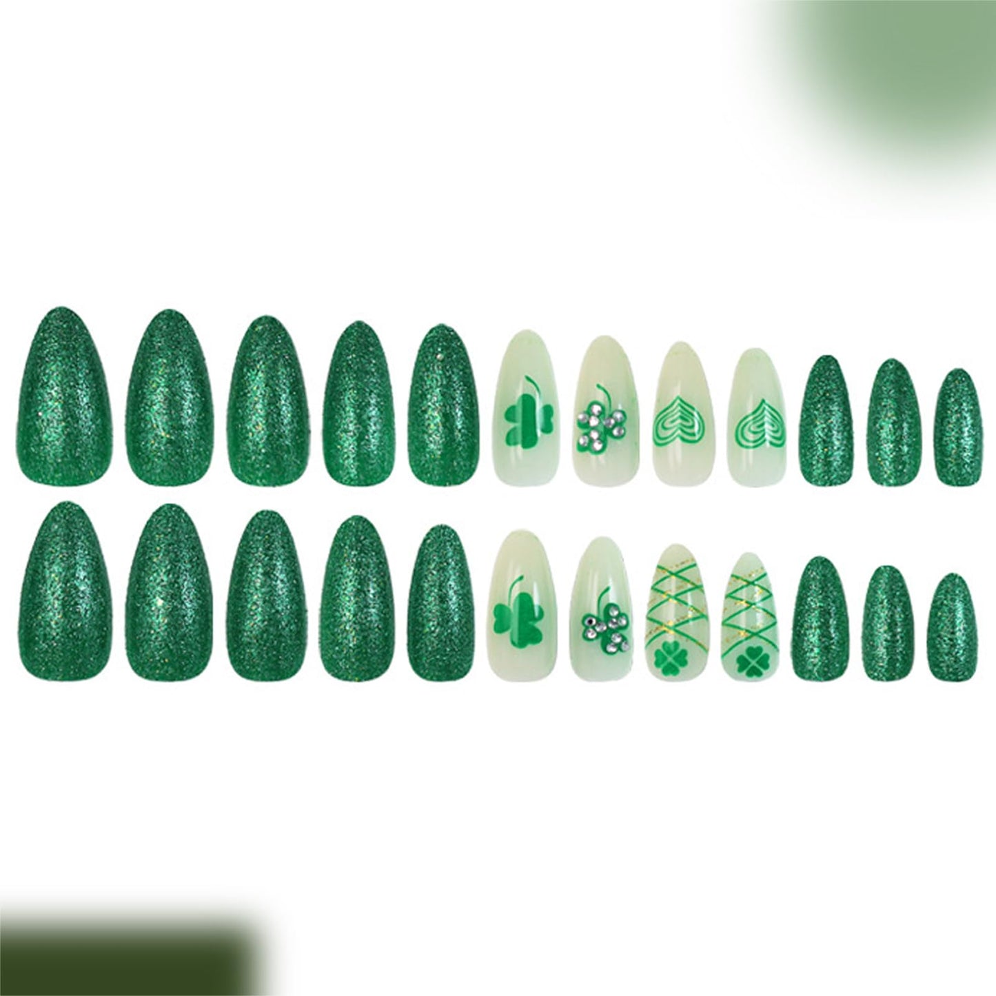St. Patrick's Day Glitter Press on Nails Medium Almond Fake Nails Four-Leaf Clover with Rhinestones False Nails Glitter Hearts Shamrock Acrylic Stick on for Women Irish Manicure Decoration 24Pcs