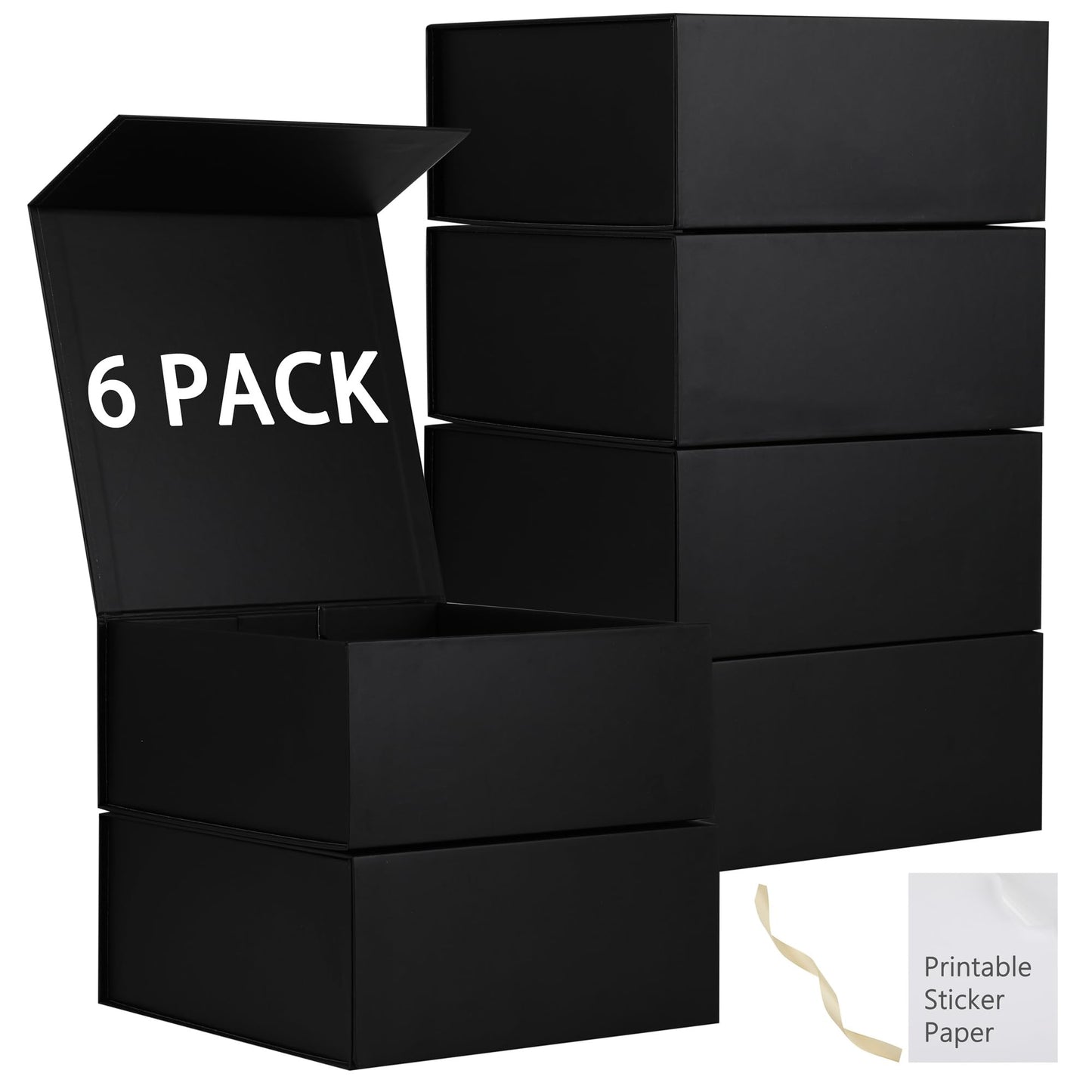 MUMUPACK 6 Pack Black Gift Boxes With Lids,9x9x4 Inch Bridesmaid Proposal Box And Printable Stickers,Proposal Boxes With Ribbon For Wedding, Packaging, Present, Birthday