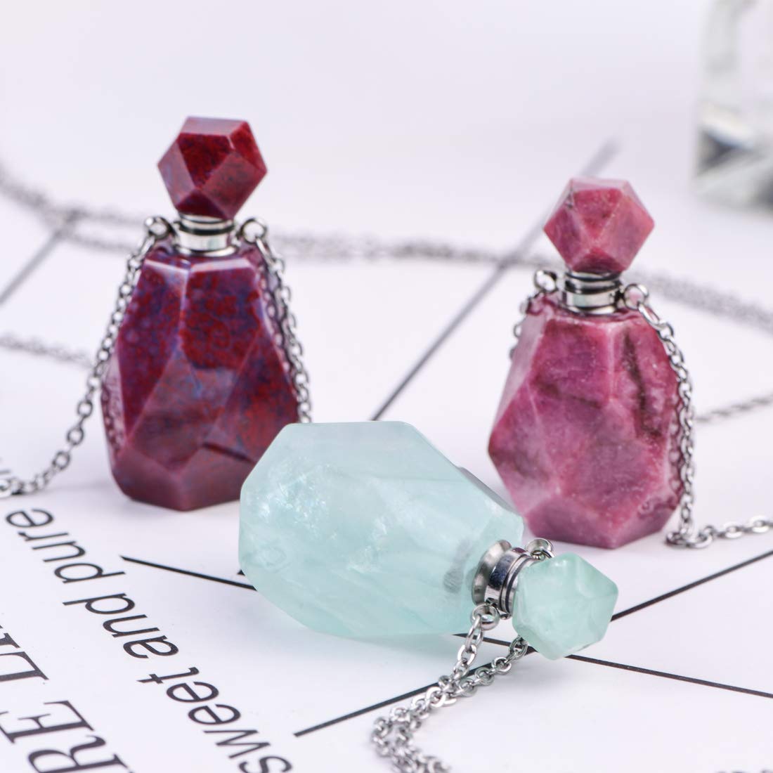 YGLINE Fluorit Essential Oil Crystal Vial Necklace,Essential Oil, Youngliving,Perfume Bottle Necklace