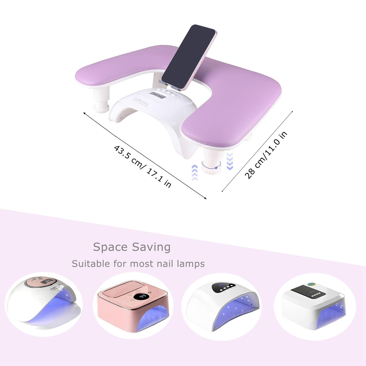Arm Rest for Nails Tech with Rotating Phone Holder, MZCMSL U - Shaped Adjustable Manicure Hand Rest Stand (Purple)