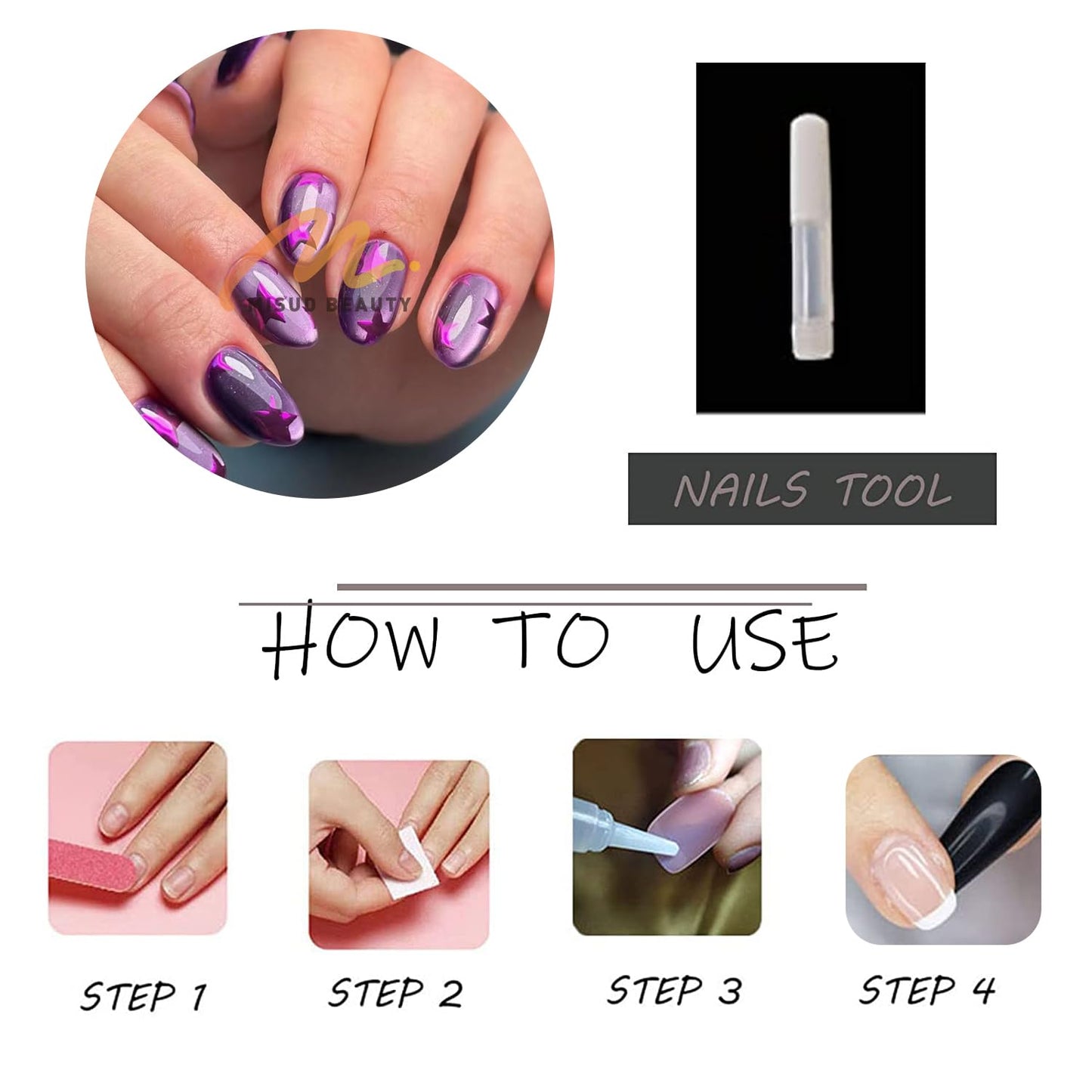 MISUD Press on Nails - Short Almond Fake Nails with Purple Star, Acrylic Bling Cat Eye Design 24 pcs