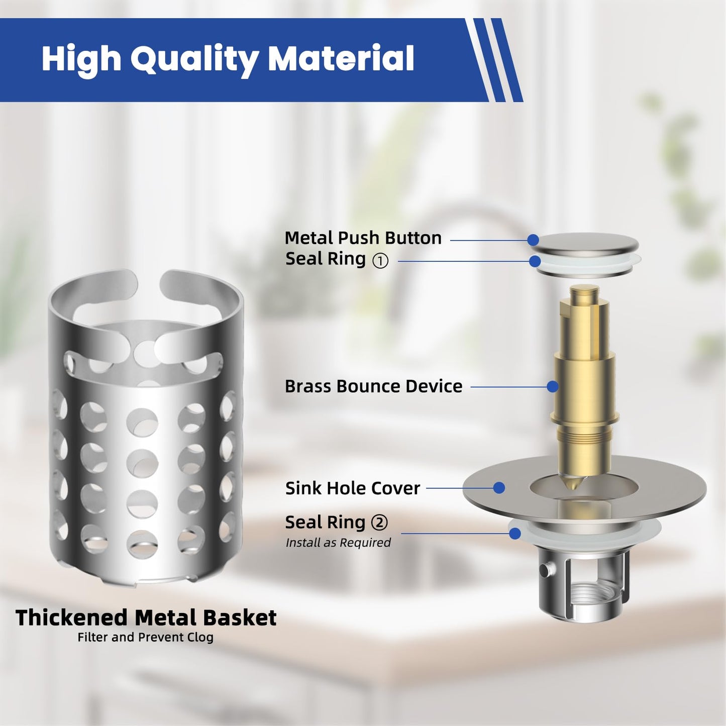 Universal Bathroom Sink Drain Strainer Hair Catcher Upgraded with Removable Stainless Steel Filter Basket, 3 in 1 Pop Up Sink Stopper for 1.1''~2.36'' Sink Basin Hole, Brushed Nickel
