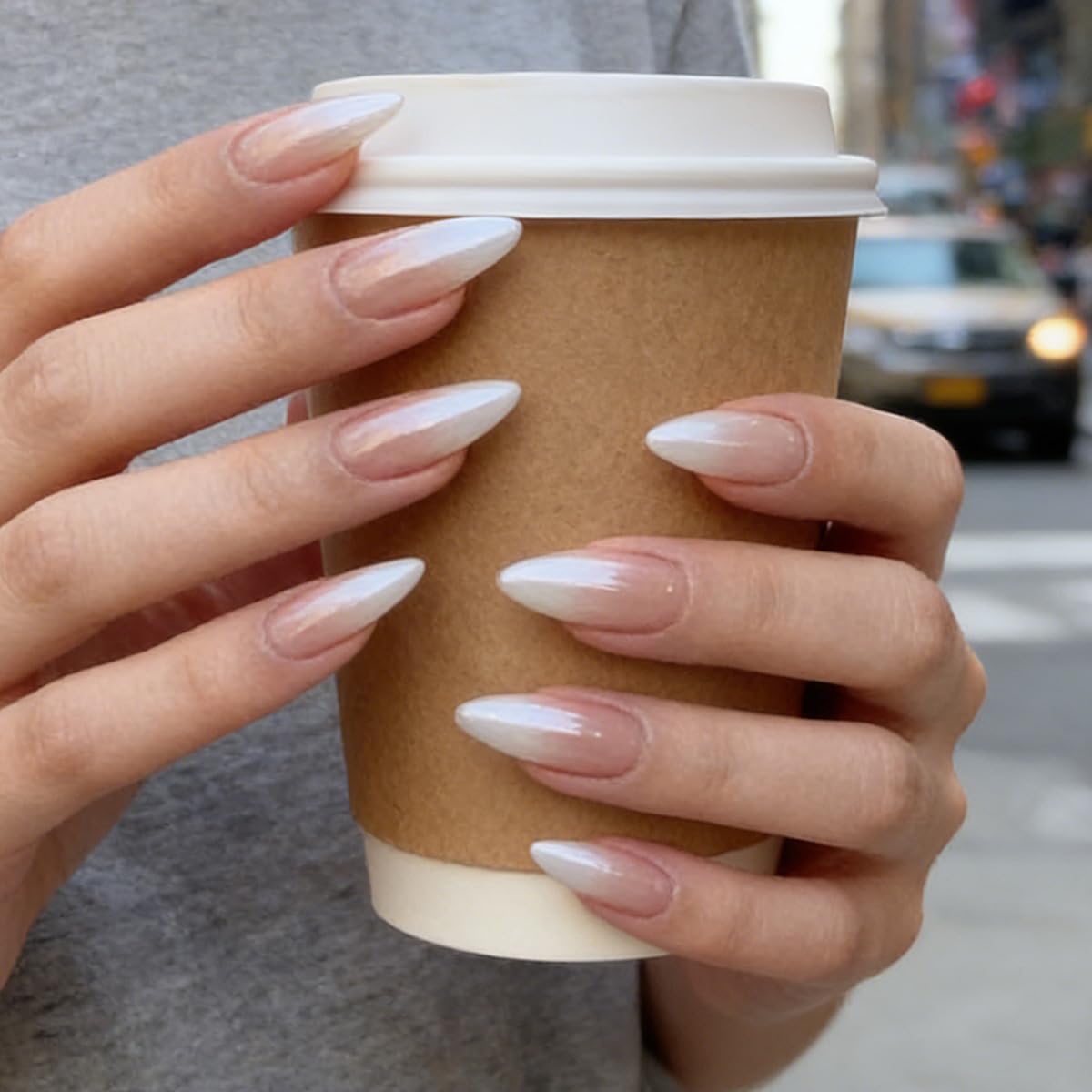 FJSMTOPl Ombre Press on Nails Almond Fake Nails with Design Chrome False Nails Press ons Medium Glossy Full Cover Acrylic Glue on Nails Artificial Stick on Nail for Women Manicure 24Pcs