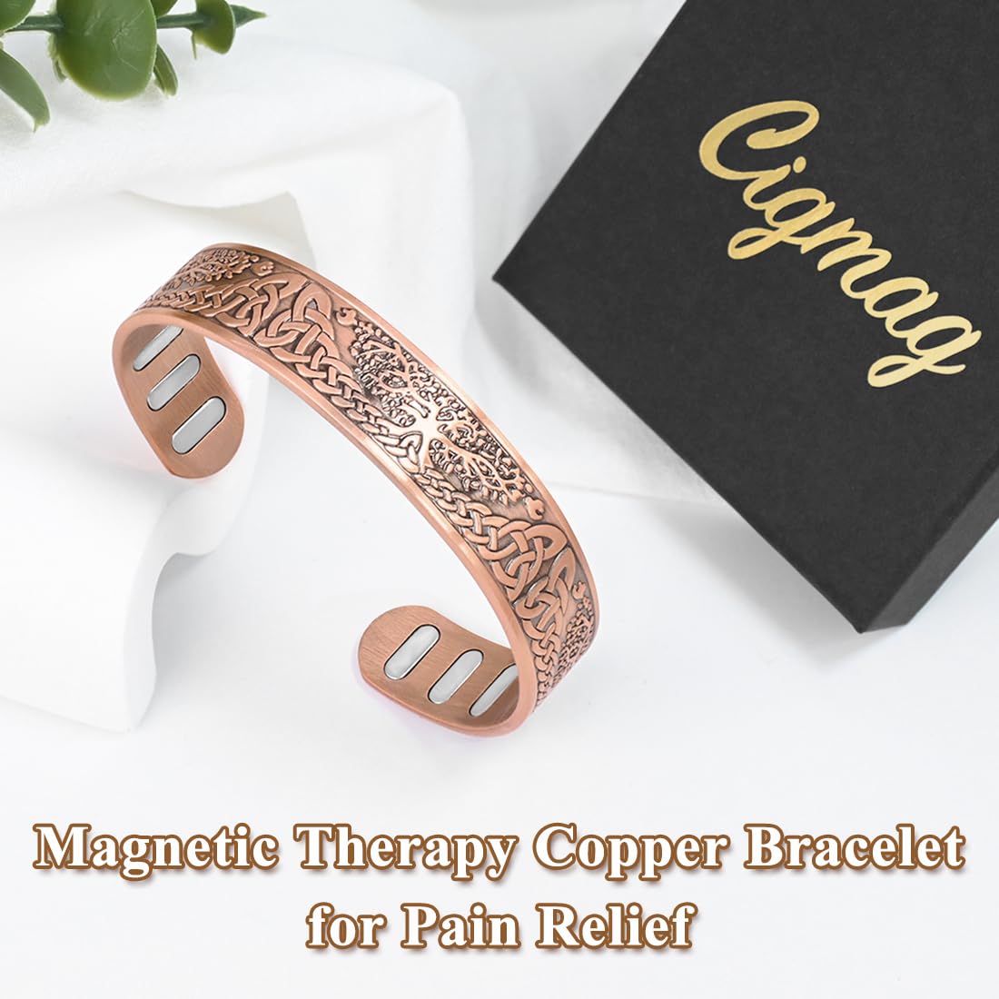 Cigmag Copper Magnetic Bracelet for Men, with Powerful 9X 5000 Gauss Magnets, Adjustable Solid Pure Copper (Enhanced Tree of Life)