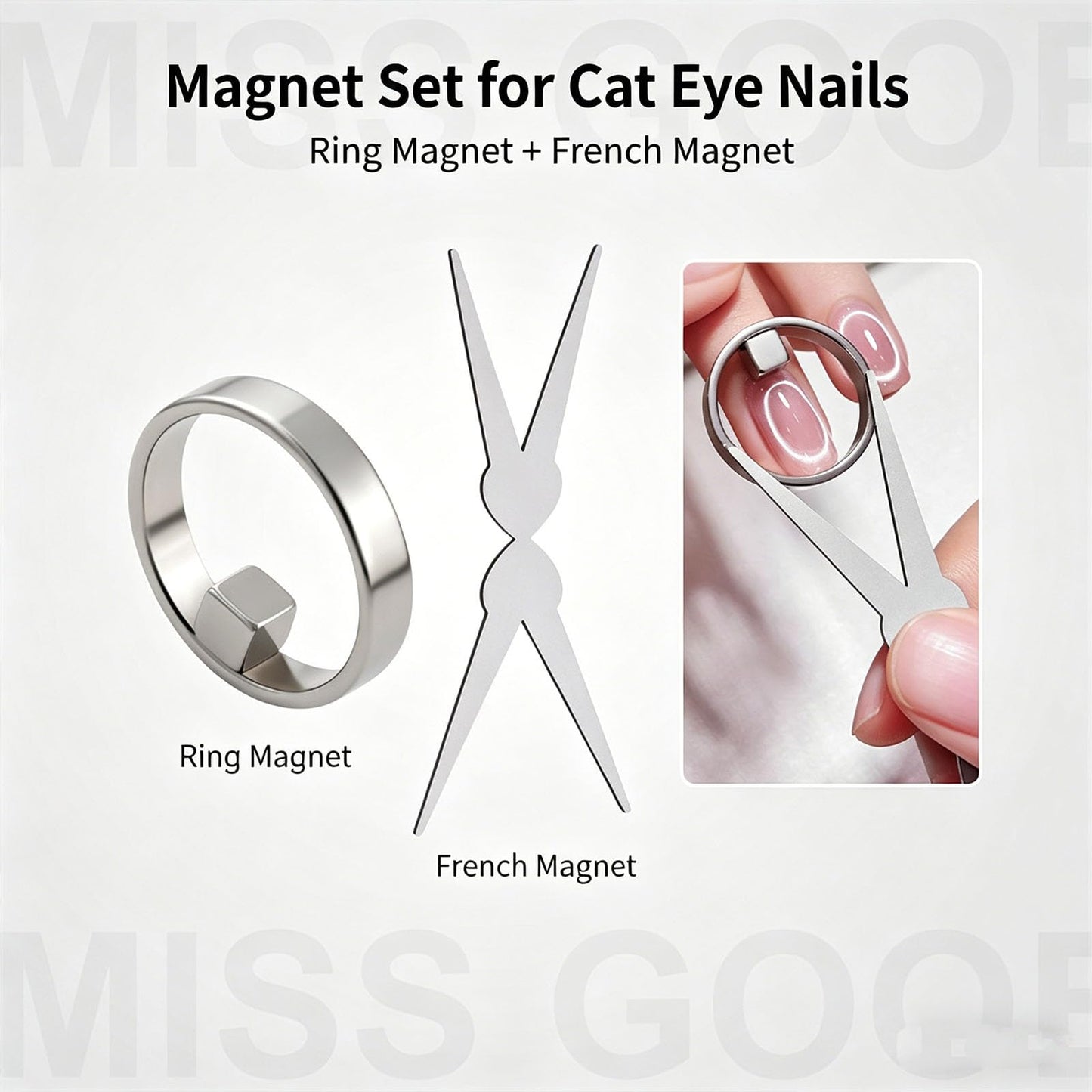 Ring-Shaped Cat Eye Magnet for Nails,Strong Nail Magnet Tool,Y & Rin-gMagnet(Wide Beam,Heart,French), Mini Round Strong Nail Magnet French Tip Tool for Home Salon DIY Manicure (2 Sets)