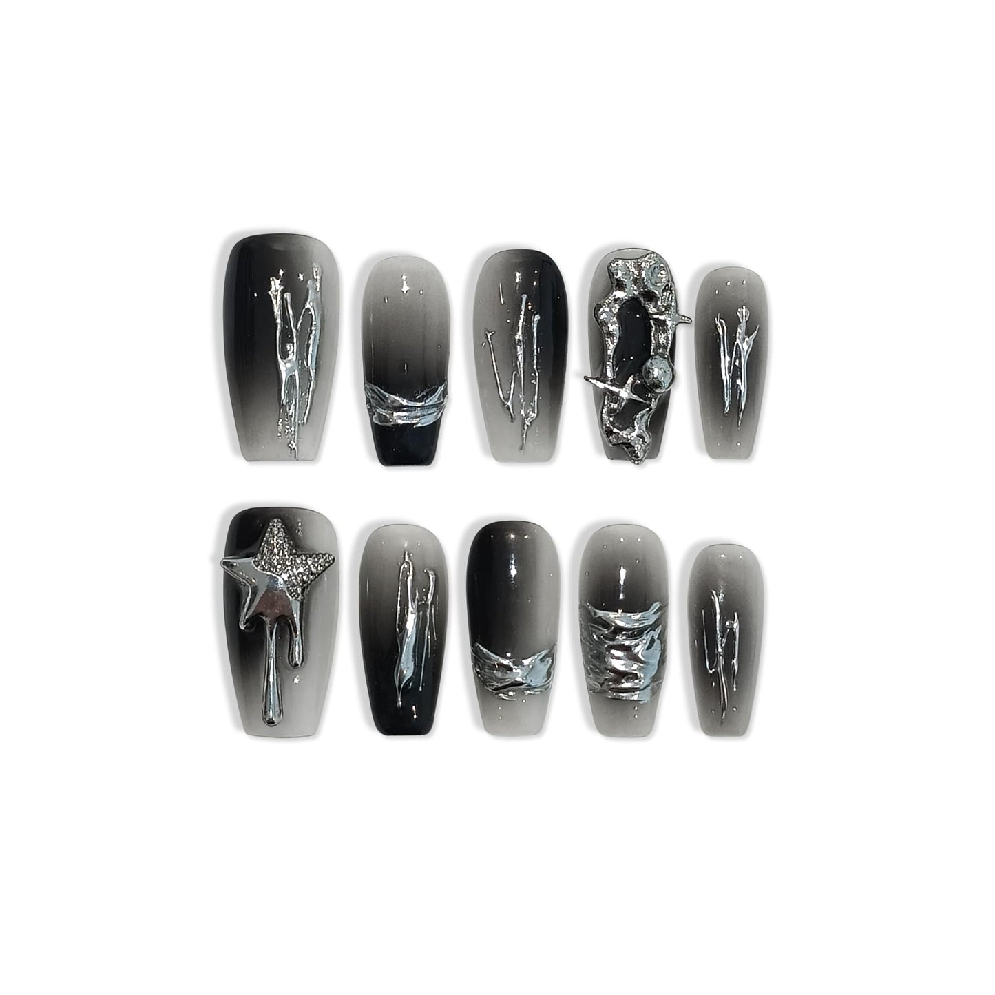 TENPAL 10PCS Medium Coffin Press on Nails with Tools Kit - Airbrush Metallic Color Clash & Gothic 3D Charms Glue on Nails | Rebel Sweetheart Fake Nails | Dark Abstract Gradient False Manicure Set(XS)