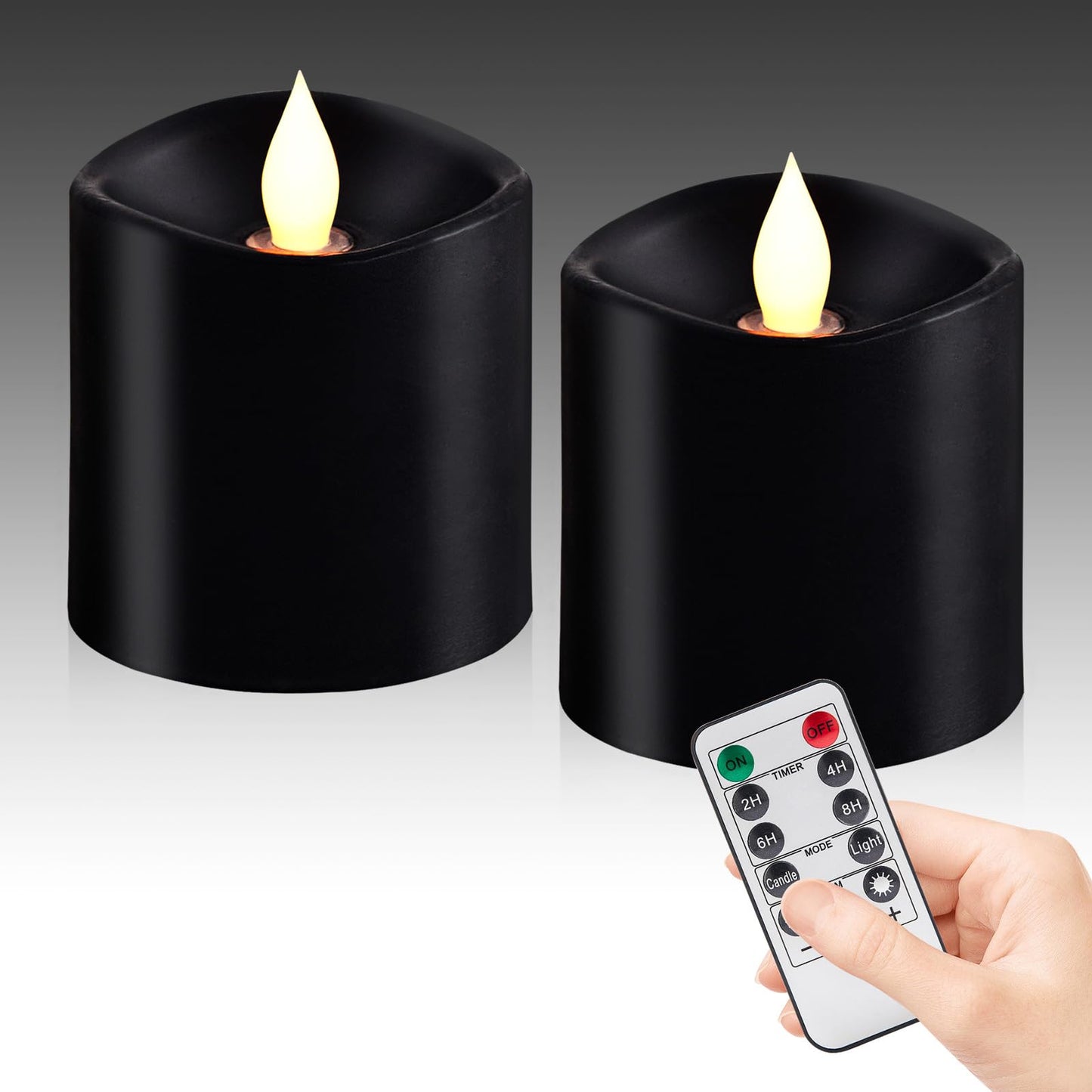 Woocodowe Black Flameless LED Candles, Black Battery Operated Candles with Remote Timer, 3"x3" Real Wax 2-Pack, 3D Flickering Flame Last 600+ Hours, Ideal for Halloween Christmas Gothic Home Decor