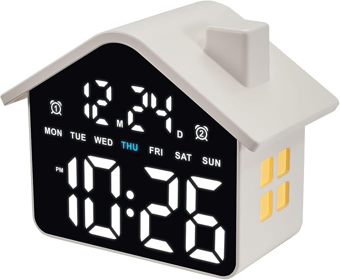 Plumeet Digital Alarm Clock, Bedroom Clock with Large Numbers, Date, Week, Dual Alarms, Dimmer and Ambient Light, House-Shaped Electric Bedside Desk Clock, Adapter Batteries Powered, White