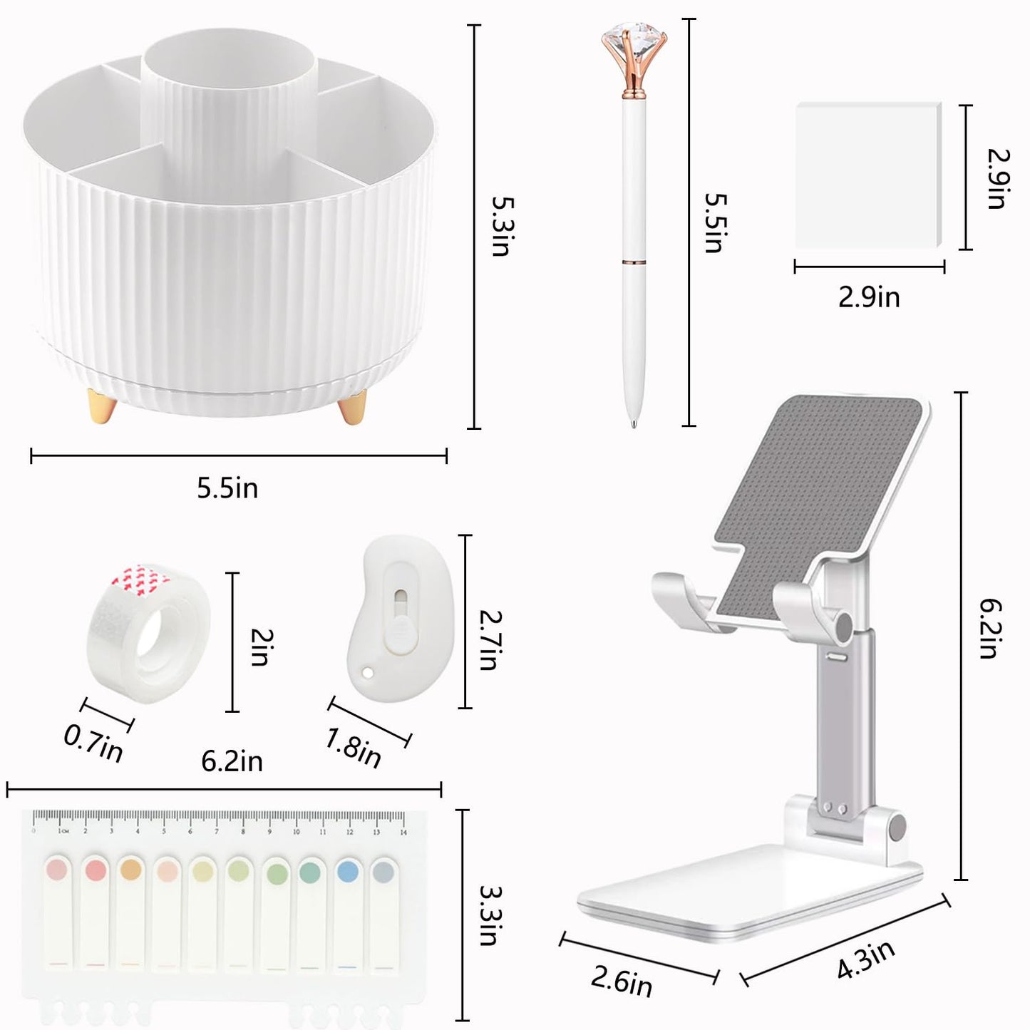Office Supplies, White Desk Accessories,Desk Organizer,Phone Stand,Scissors,Stapler,Tape Dispenser,Binder clips,Staples,staple remover,Sticky Notes,Index Tabs,Clear Tape,Mini Box Cutter,Cool Pen.16pcs