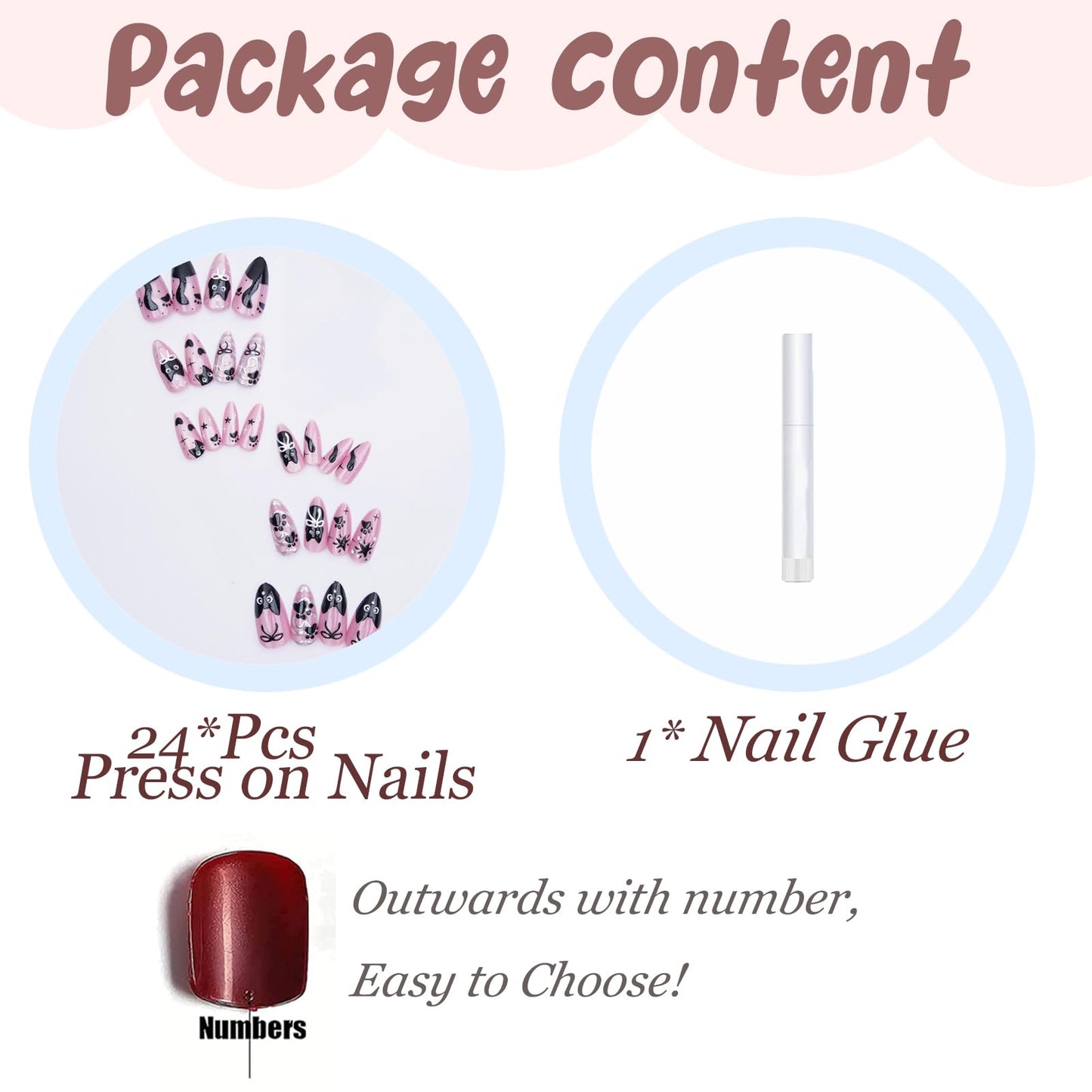 BABALAL Medium Almond Press on Nails - Pink Cat Eye Acrylic Nails with Black Cat Anime Kawaii Design, 24Pcs Cute Glossy Full Cover False Nails
