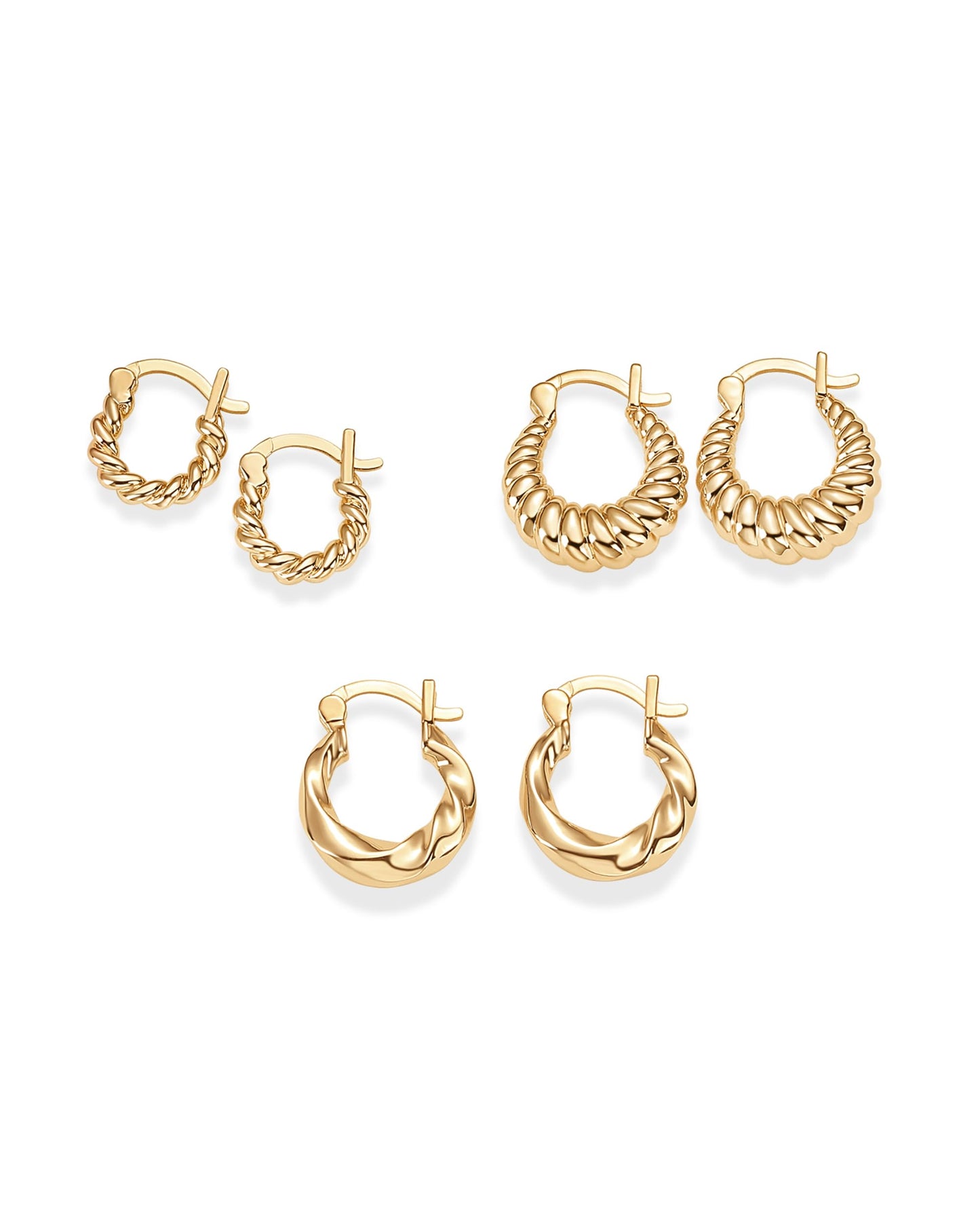 PAVOI 14K Yellow Gold Plated 925 Sterling Silver Posts 3 Pairs Rope Twisted Hoop Earrings for Women - Three Set Chunky Huggie Pack - Earscape Piercings