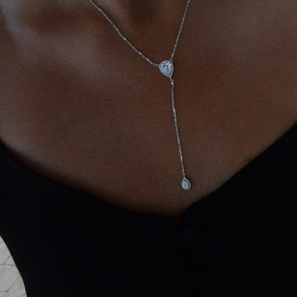 CZ Pear Drop Lariat Necklace 16" with 2.75" Y Drop Adjustable, 14K Rose Gold Finish