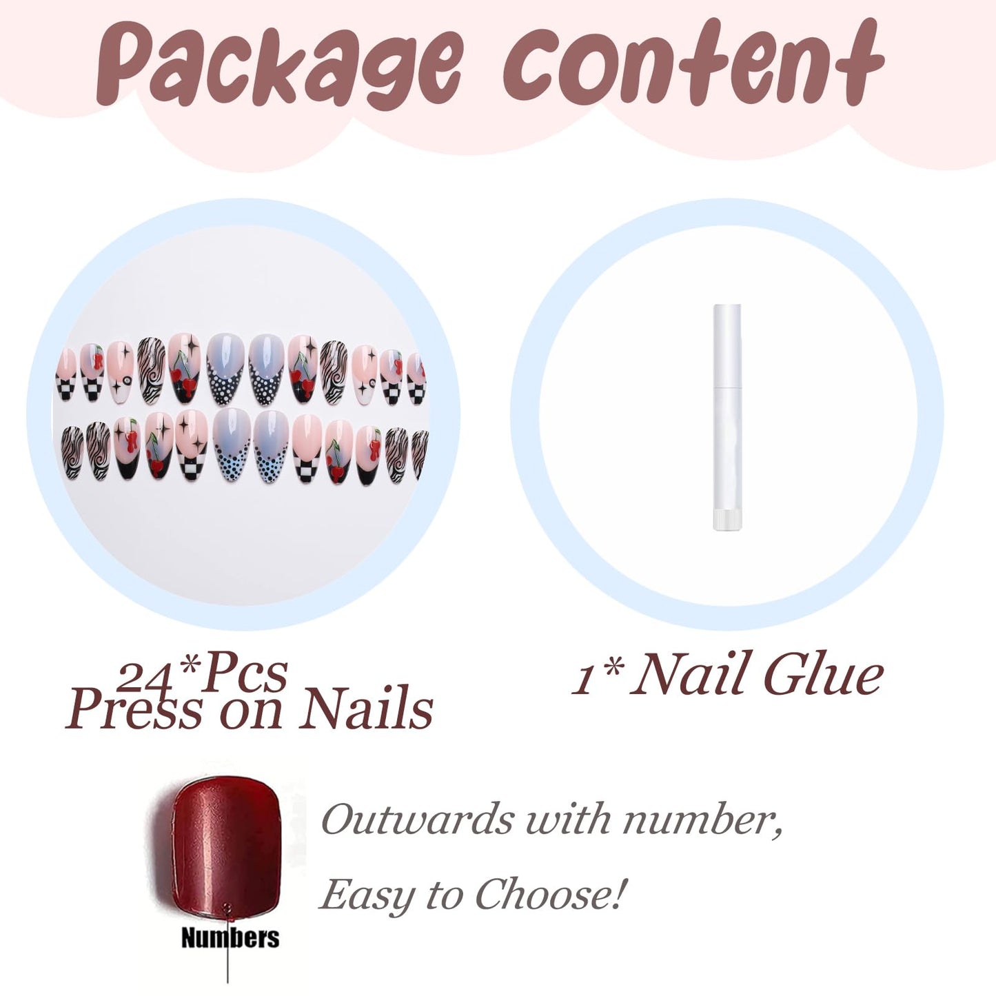 BABALAL Press on Nails Medium Almond Fake Nails Black Y2k Goth Glue ons Cherry & Polka Dot Design Supplies 24Pcs Full Cover Trendy Glossy Acrylic False Nails