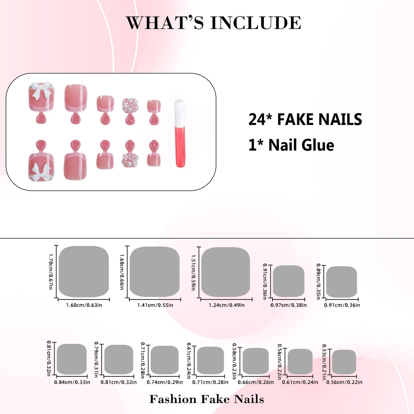 IMRAIN Pink Press on Toe Nails Square French Tips Fake Toenails Short Glossy Acrylic False Toenails with Bow & Pearl Designs Full Cover Glue on Nails for Women 24Pcs