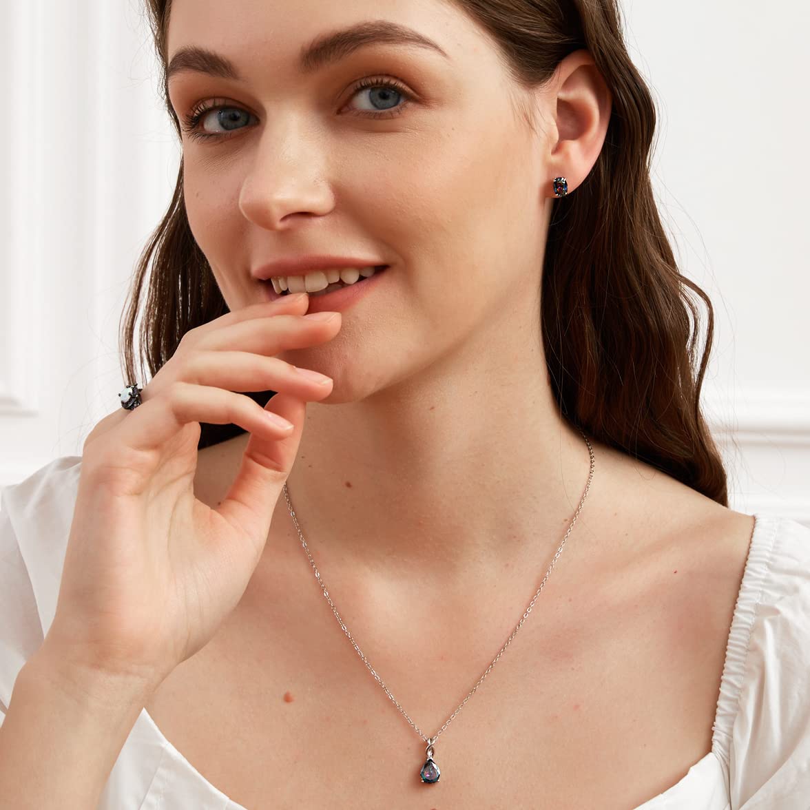 Created Rainbow Quartz Stud Earrings for Women Men 18K White Gold Plated Round Square CZ Hypoallergenic Jewelry Gift
