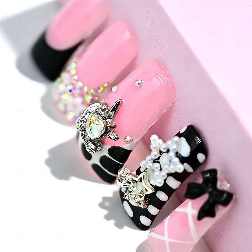 IntoVibes 10 Pieces Luxury Acrylic Press On Nails Long Handmade Duck Nails, Black Thickened False French Nails, With 3D Bowknot And Stars, Reusable Fake Nails, Acrylic Nails (S)