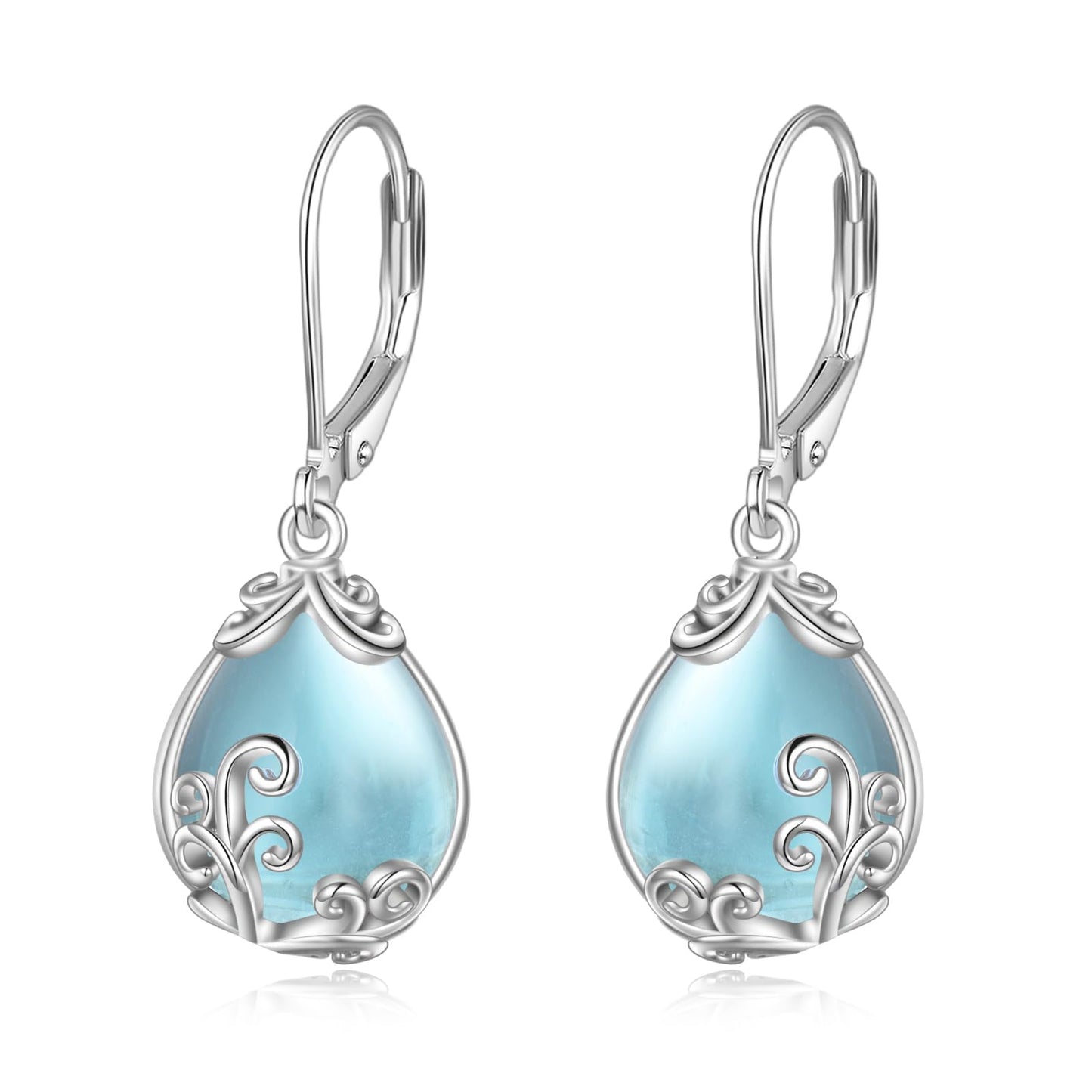 POPLYKE Aquamarine Filigree Teardrop Drop Dangle Earrings Sterling Silver Blue Crystal Leverback Earrings Jewelry for Women