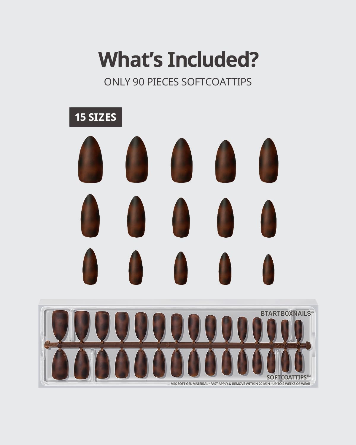 BTArtboxnails SOFTCOATTIPS Press On Nails - Tortoiseshell Almond Press On Nails Medium, 90Pcs Salon Quality Soak Off Soft Gel Nail Tips in 15 Sizes