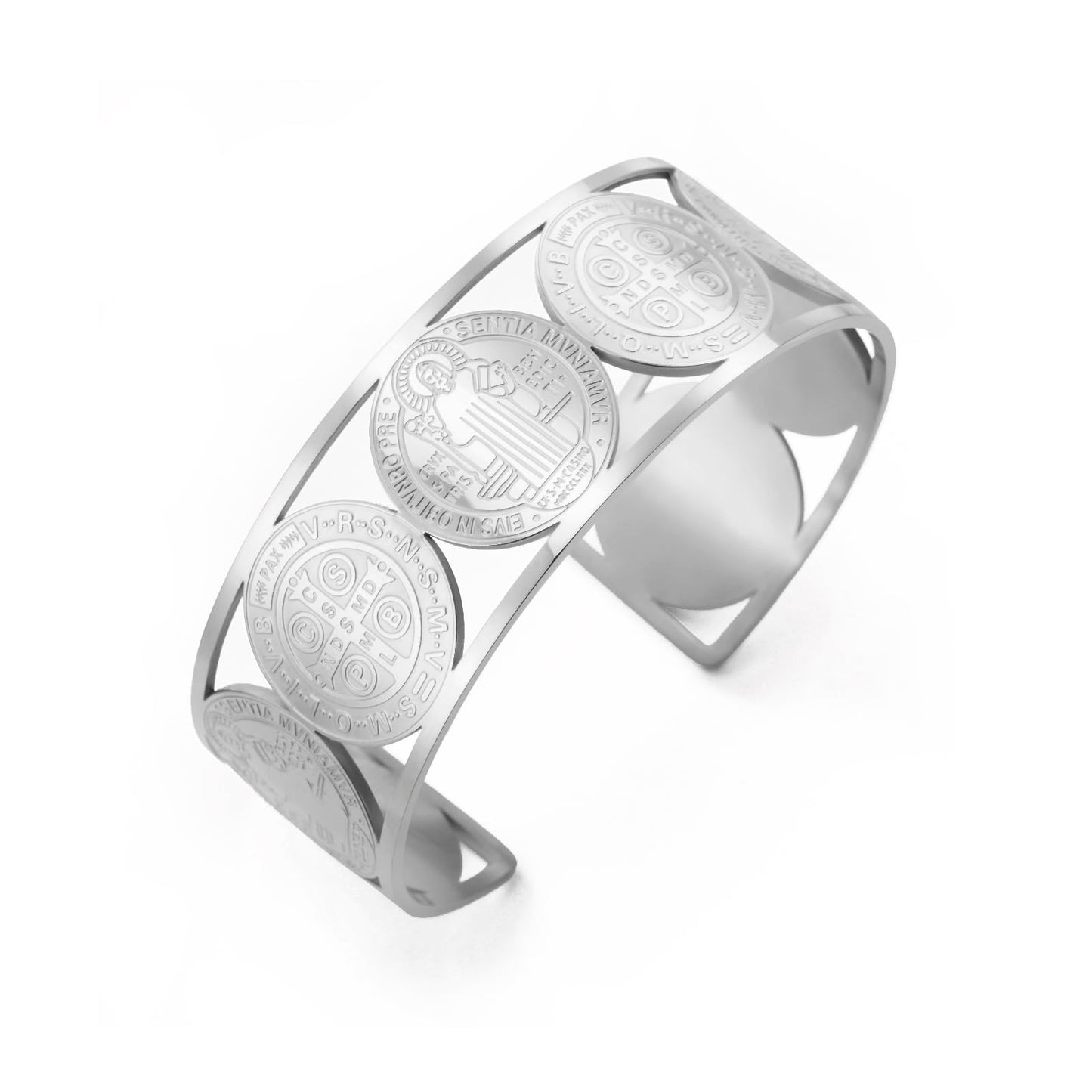 Amaxer Adjustable St. Benedict Open Cuff Bangle Bracelet for Women Men Stainless Steel Religious Jewelry 0.88in Wide (silver)