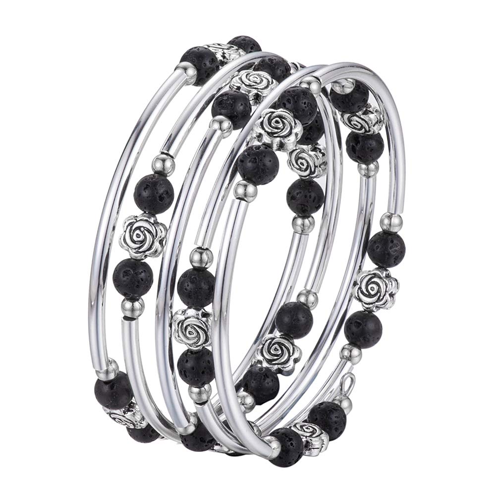 BULINLIN Wrap Bangle Rose Bead Bracelet - Beaded Bracelet with Natural Agate Stone Gifts For Women(01-Lava black)