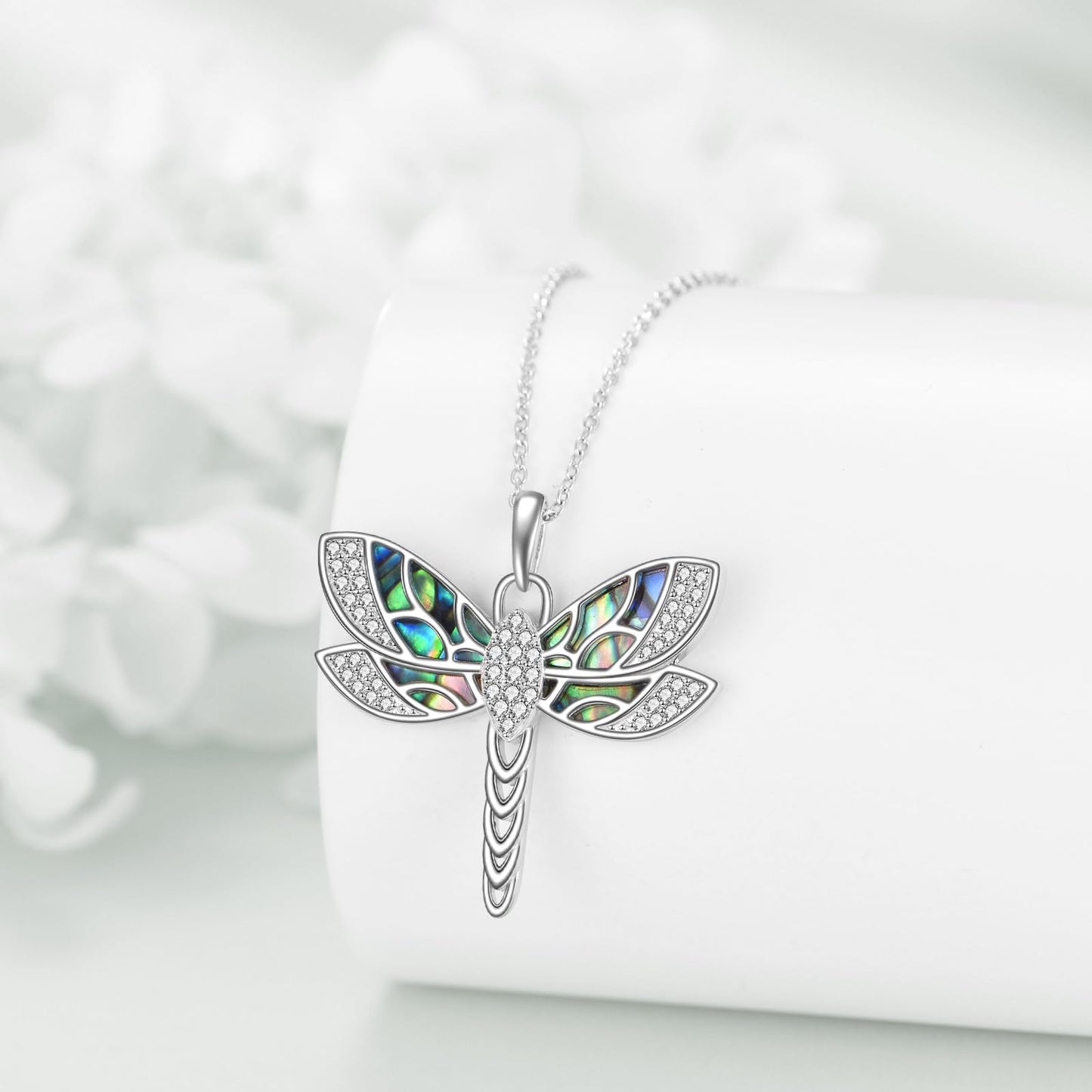 KQF Dragonfly Necklace 925 Sterling Silver Filigree Dragonfly Pendant Abalone Shell Jewelry Gift for Women Mom Daughter