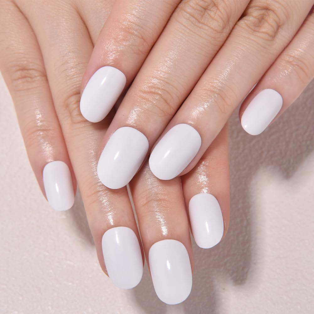 evpct White Glossy Press on Nails Oval Medium for Women Gift, Medium Oval White Fake Nail with Nail Kit Manicure Kit, Soft Gel Full Cover Reusable Stick on Soft Acrylic False Nails Perfectly Fit