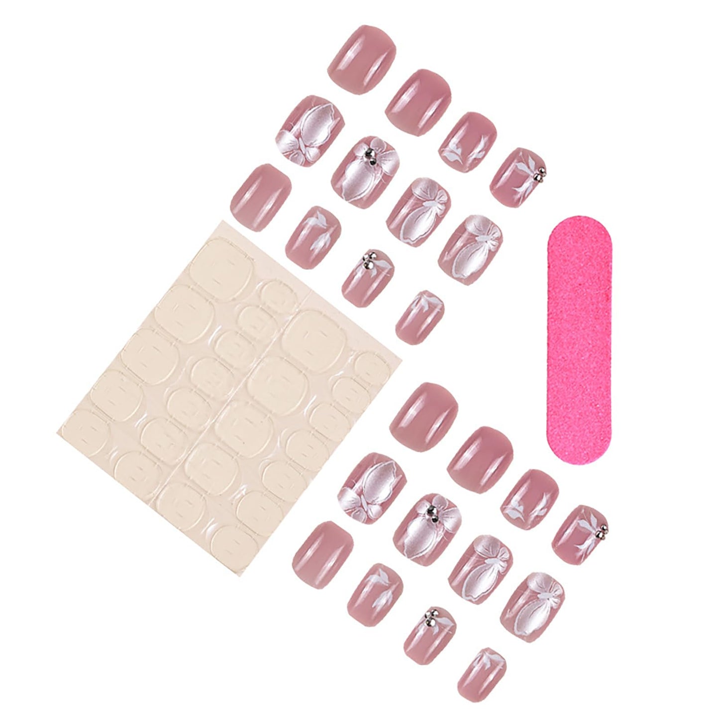 24Pcs Short Press on Nails RTKHFZE Pink Fake Nails with White Butterfly and Rhinestones Designs Press Ons False Nails Square Full Cover Acrylic Nails Stick on Nail for Women and Girls