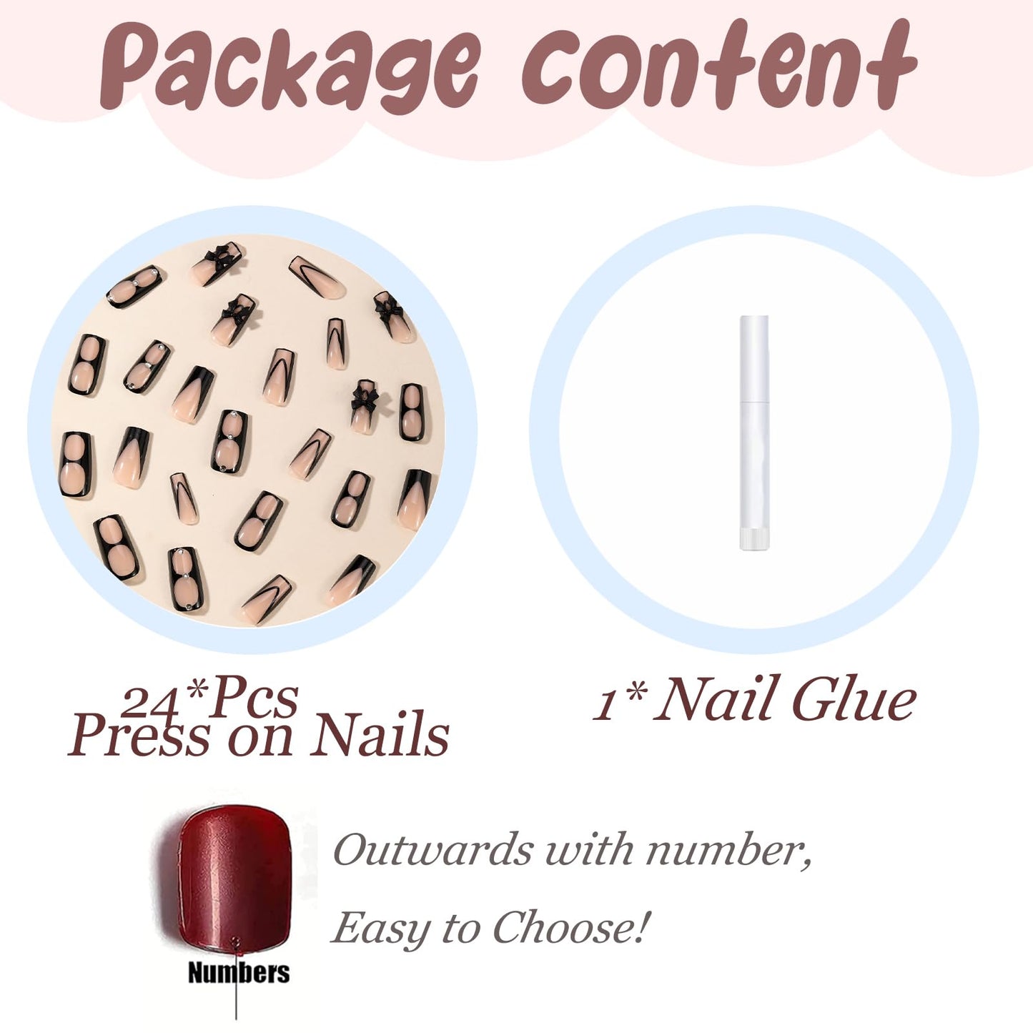 BABALAL Medium Square Press on Nails, Black French Tip Bow Goth Design Handmade Thick Full Cover Acrylic Squoval Glue on Nails 24 Pieces