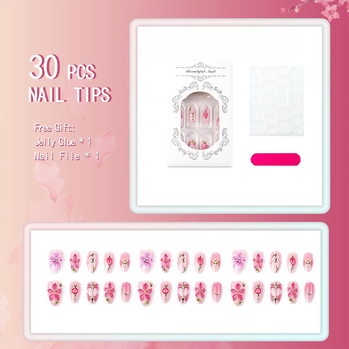 30Pcs Red Flower Press on Nails Medium Almond Fake Nails with 3D Star Rhinestones Design Gilding False Nails Pink Full Cover Artificial Glue on Nails Handmade Spring Stick on Nails for Women Manicure