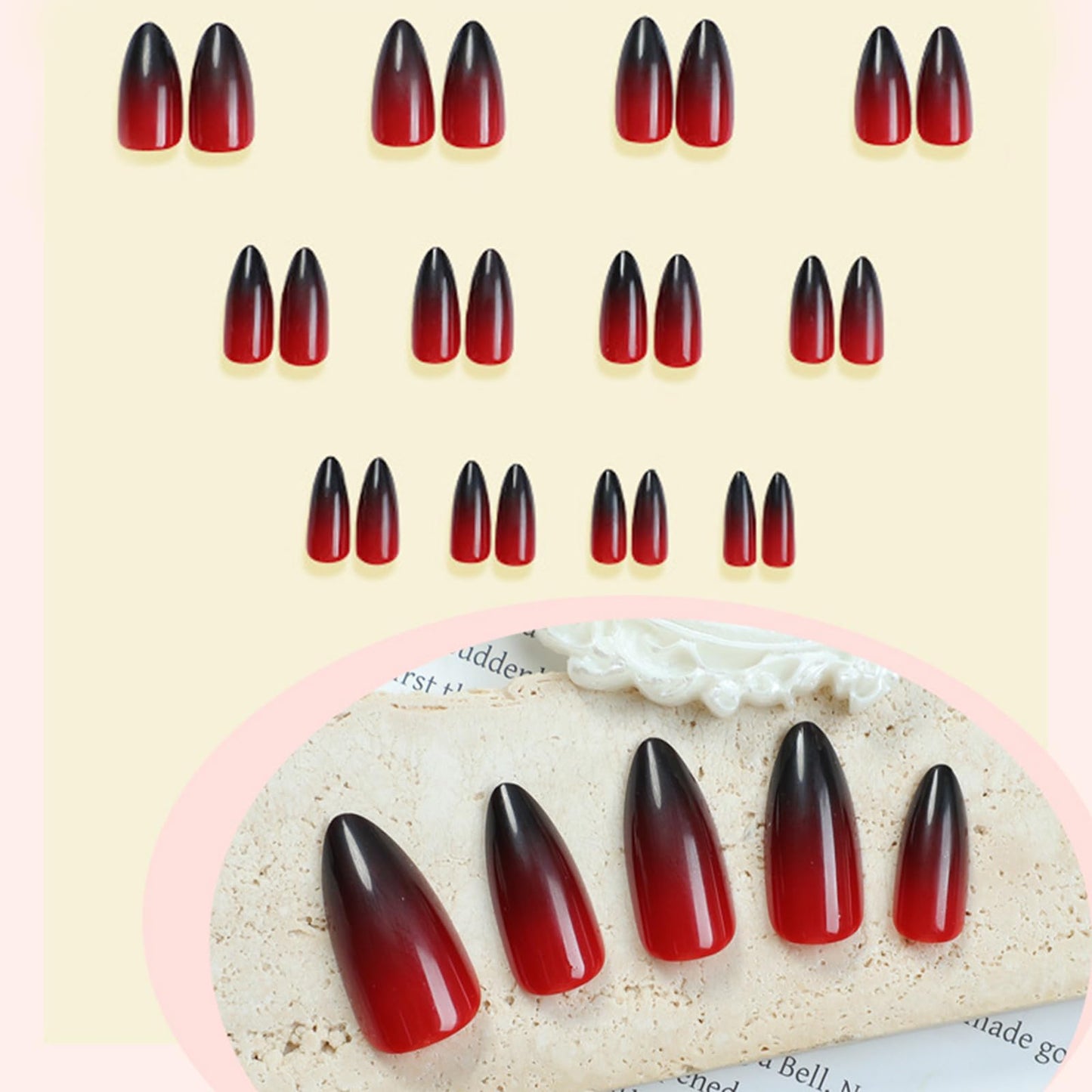 Red and Black Gradient Press on Nails Medium Almond Fake Nails Ombre Red Designs Full Cover Acrylic Glossy False Stick on Nails Classical for Women Girls Manicure Decoration 24 Pcs