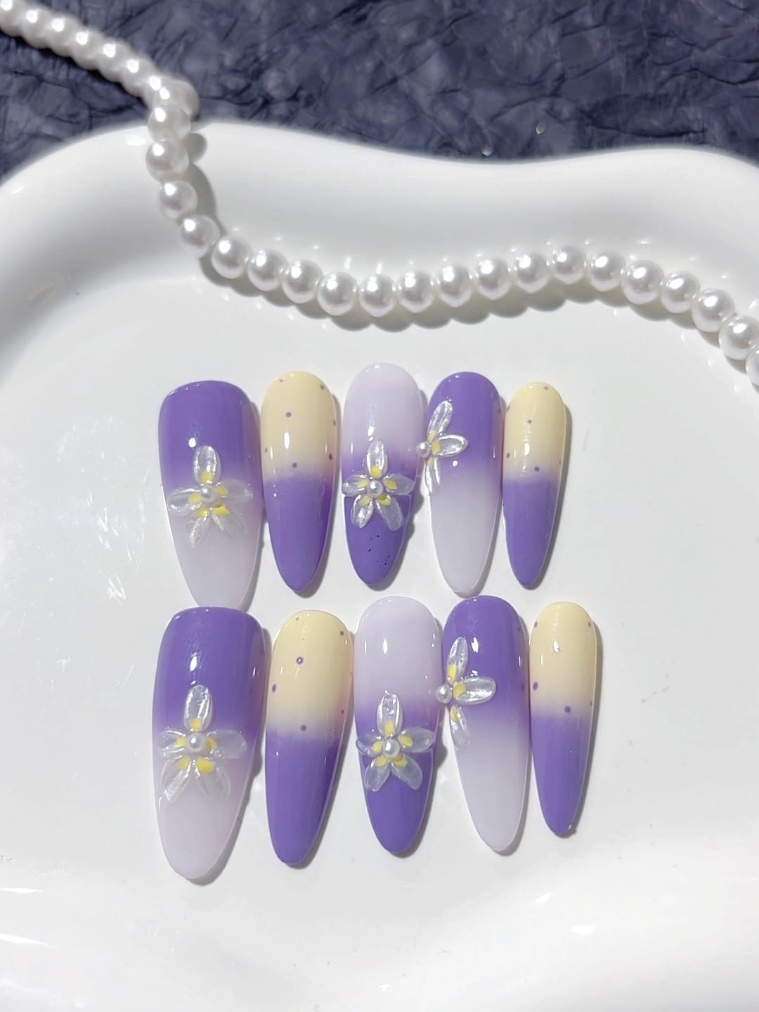 Vseegrs Purple Handmade Press on NailsStiletto Long Artificial False Nails with Designs Embossed Flowers Acrylic Nail Press ons Polka Dot Press on Nail Kit for Women 10pcs (L)