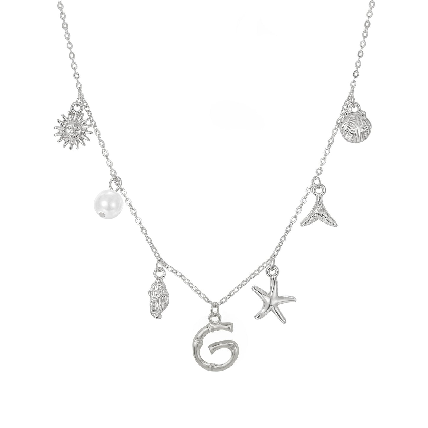 JALZEMPL Initial Charm Necklace For Women Seashell Shell Letter Boho Summer Beach Starfish 14k Gold Plated Silver Pendant Surfer Jewelry Gifts (G,Silver)
