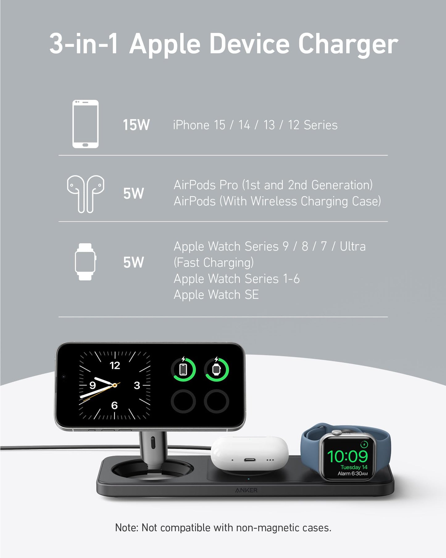 Anker iPhone 16 Foldable 3-in-1 Wireless Charging Station, Qi2 Certified 15W Ultra-Fast MagSafe-Compatible Wireless Charger, for iPhone 15/14 Series, AirPods, Apple Watch (USB-C Charger Included)