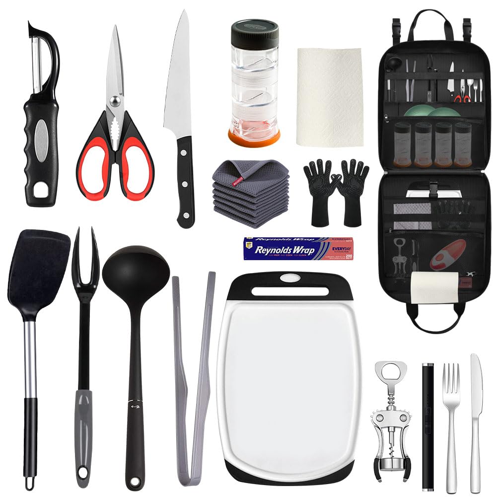 Yorkenbe Large Camp Kitchen Organizer, High Capacity Camping Cooking Utensils Bag, with Paper Towel Holder, Multi-pocket Waterproof Camping Utensils Holder for BBQ Outdoor Cooking Essentials