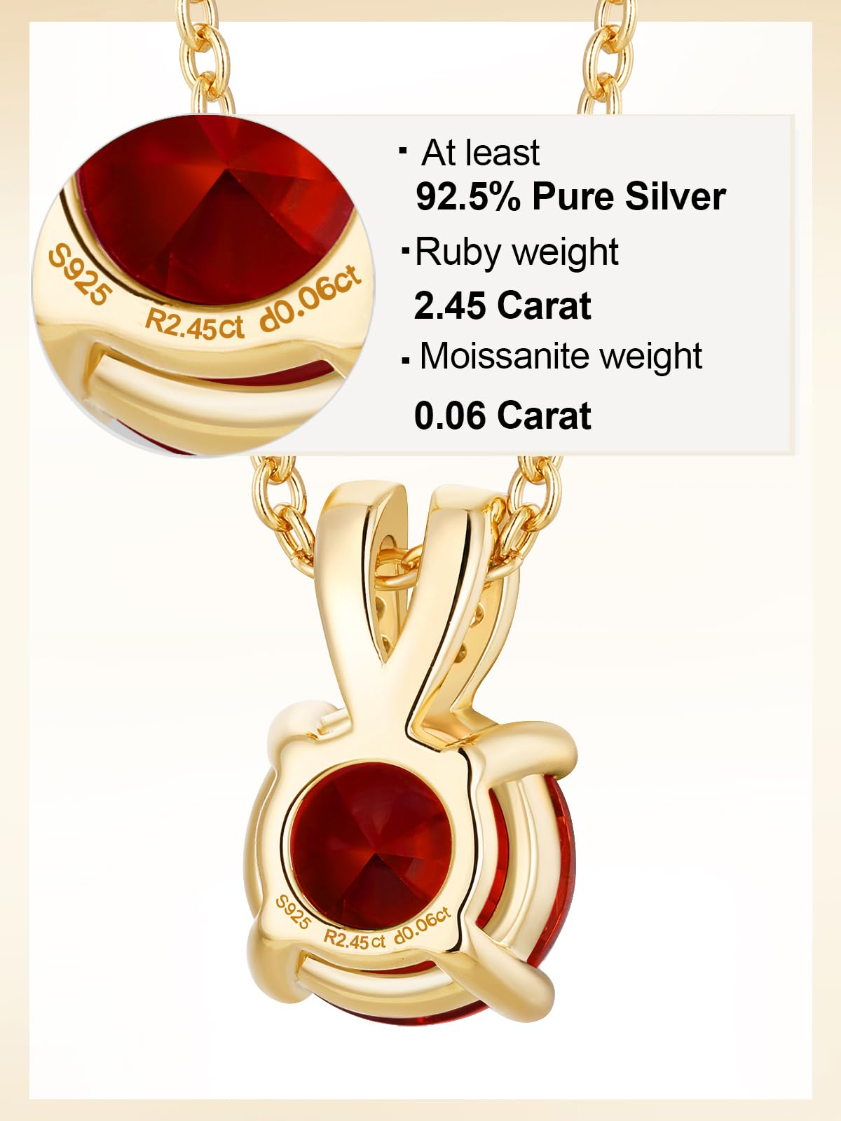 CYW 1 Carat Red Ruby Small Gold Round Necklace for Women 925 Sterling Silver Solitaire Pendant Necklace