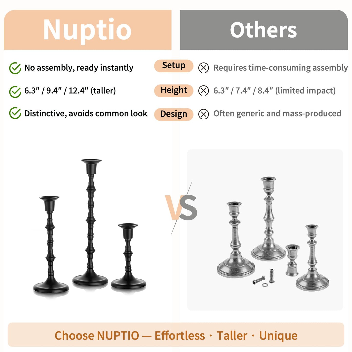 Nuptio Black Candle Holder for Candlestick: Set of 3 Gothic Taper Candle Stick Holders - Tall Metal Candleholders for Halloween Christmas Fireplace Dining Room Table Centerpieces