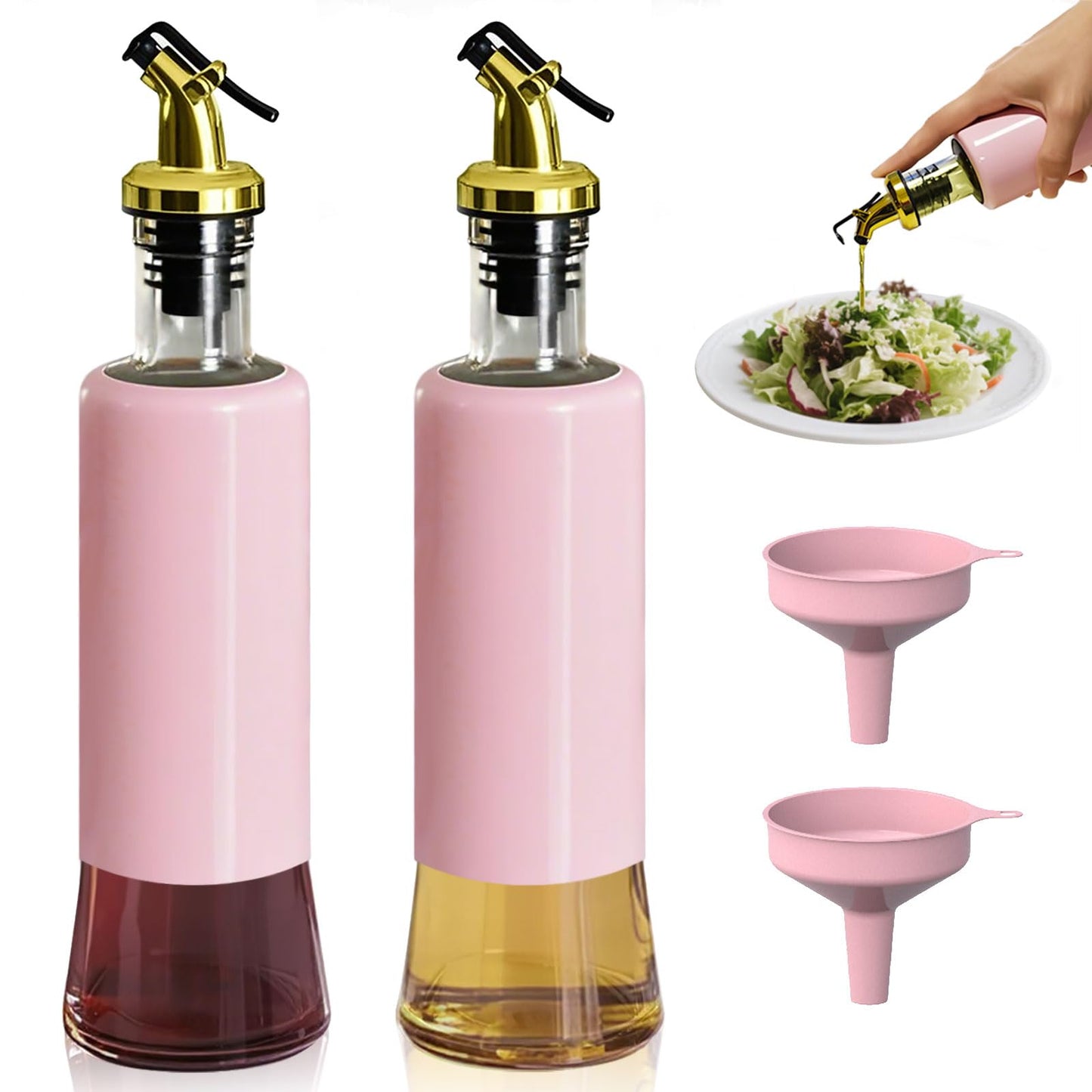 Miao’er Olive Oil Dispenser Bottle for Kitchen Set of 2, Golden Non-Drip & Leakproof Spout, One-handed Hold, With Pink Funnel for Easy Filling, 10OZ/300ML(PINK)