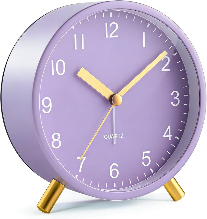 Analog Alarm Clock, Silent Non-Ticking with Night Light, Fashionable Round Metal Alarm Clock for Office, Battery Operated Alarm Clock for Bedroom, Elderly, Adults, Children, Student Gifts