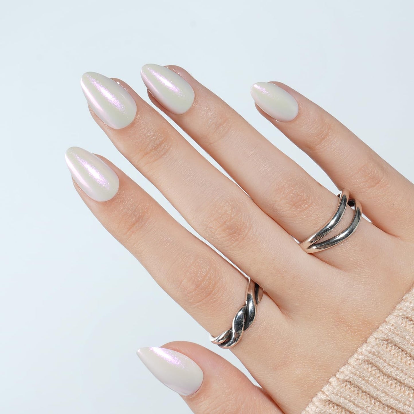 White Press On Nails Almond - White Almond Fake Nails, Short Press On Nails Chrome Reusable Stick On Nails in 16 Sizes, 32pcs False Nail Kit for Women & Girls(Pearl Whisper)