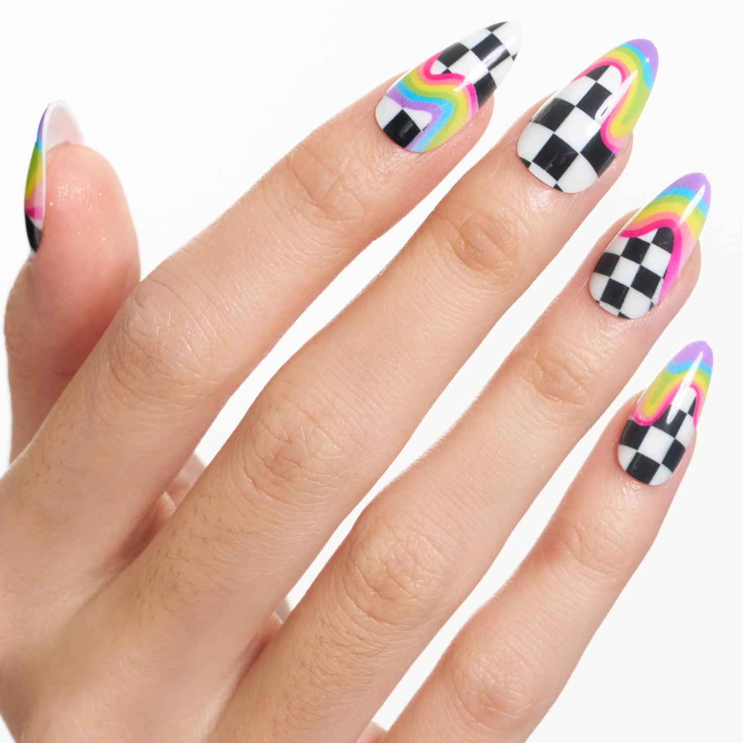 GLAMERMAID Rainbow Press on Nails Medium Almond, Y2K Rainbow Crush Gel Glue on Nail with Checkerboard Color, Glossy Short Stiletto Reusable Fake Nails, Acrylic False Nails Manicure Kit for Women