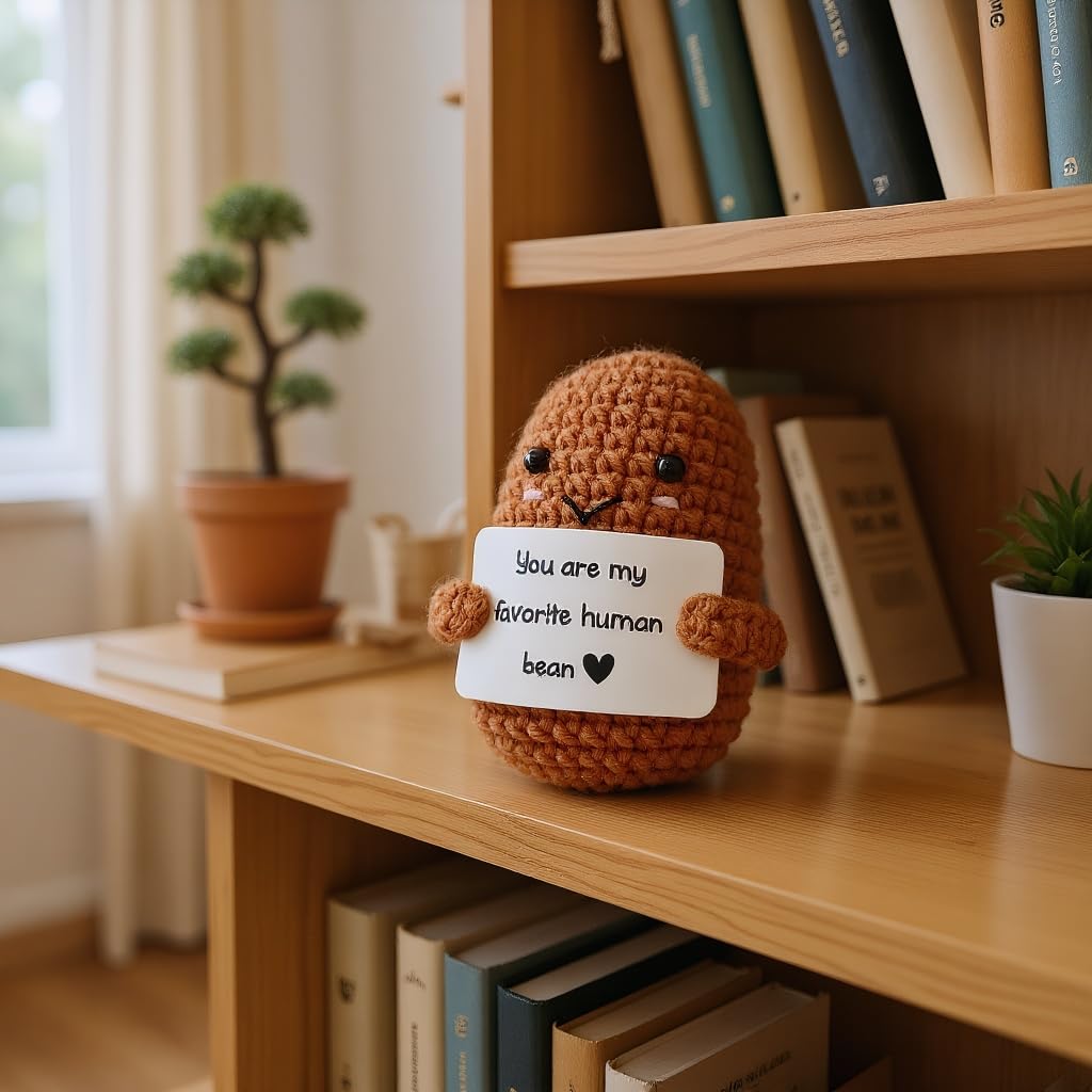 Funny Emotional Support Ornament, Creative Gift Handmade, Crochet Positive Bean Plush Doll with Motivational Message Card, Soft Yarn, 3x1.89 Inch, Desk Companion,Cute Doll,Positive Bean