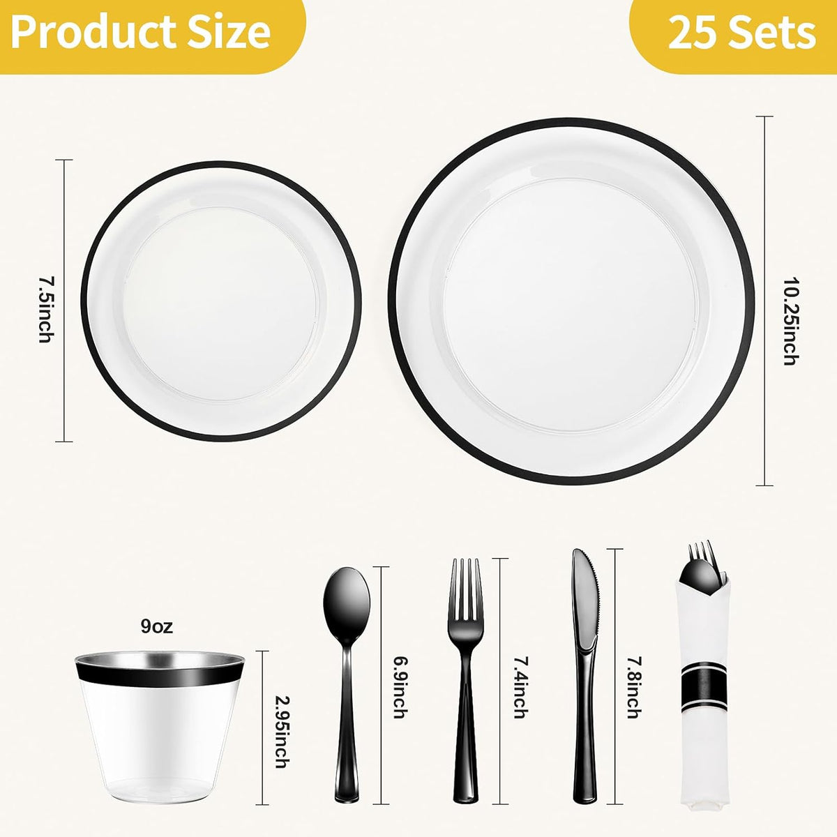 Goodluck 175 Piece Black Plastic Dinnerware Set for Party, Clear Disposable Plates for 25 Guests, Include: 25 Dinner Plastic Plates, 25 Dessert Plates, 25 Pre Rolled Napkins with Cutlery Set, 25 Cups
