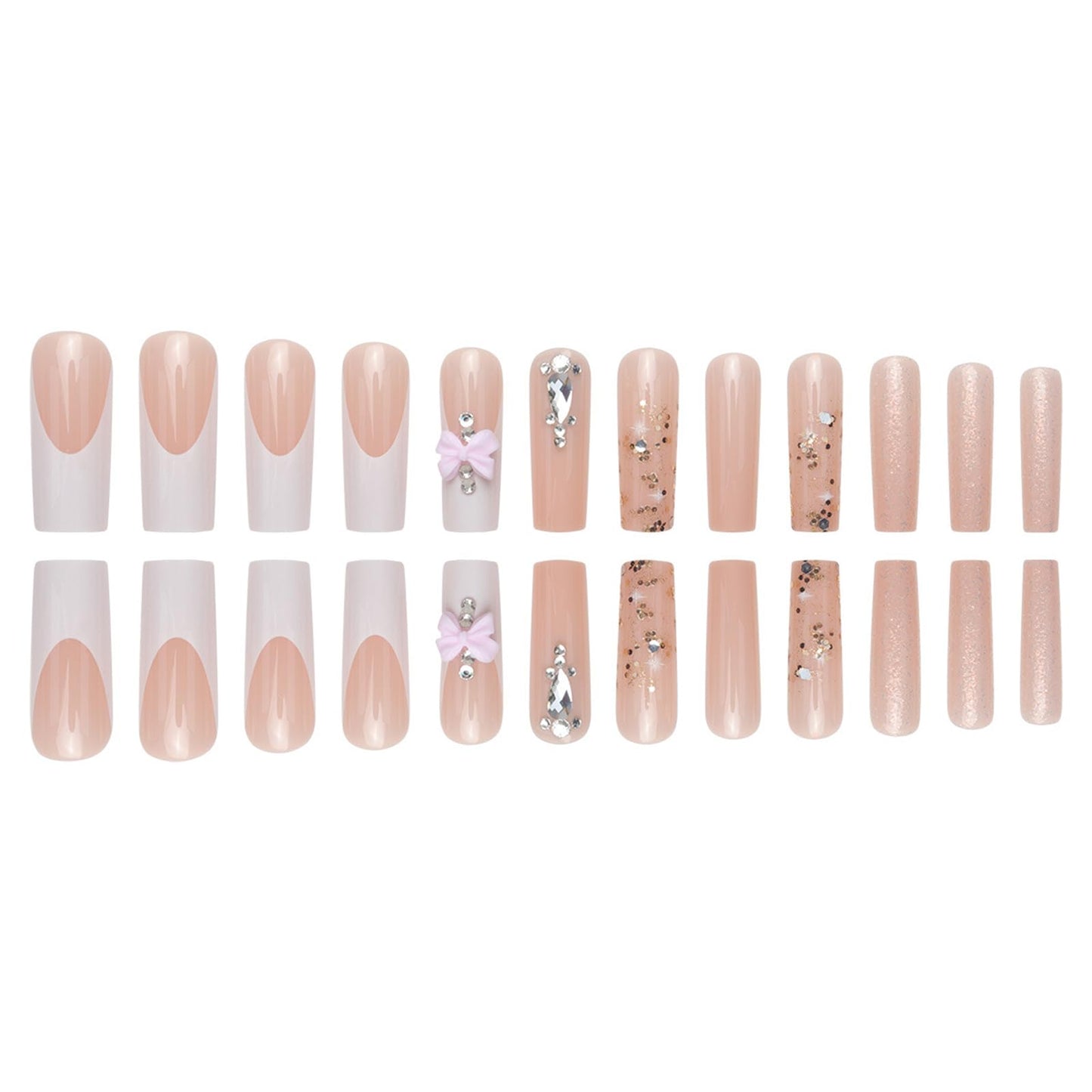 Press on Nails Extra Long - Aegenacess Square Press On Nails with 3D Bow and Rhinestones, Nude White Fake Nails with Glue Sticker, Handmade 24 pcs Stick On Nails False Nail in 12 Sizes