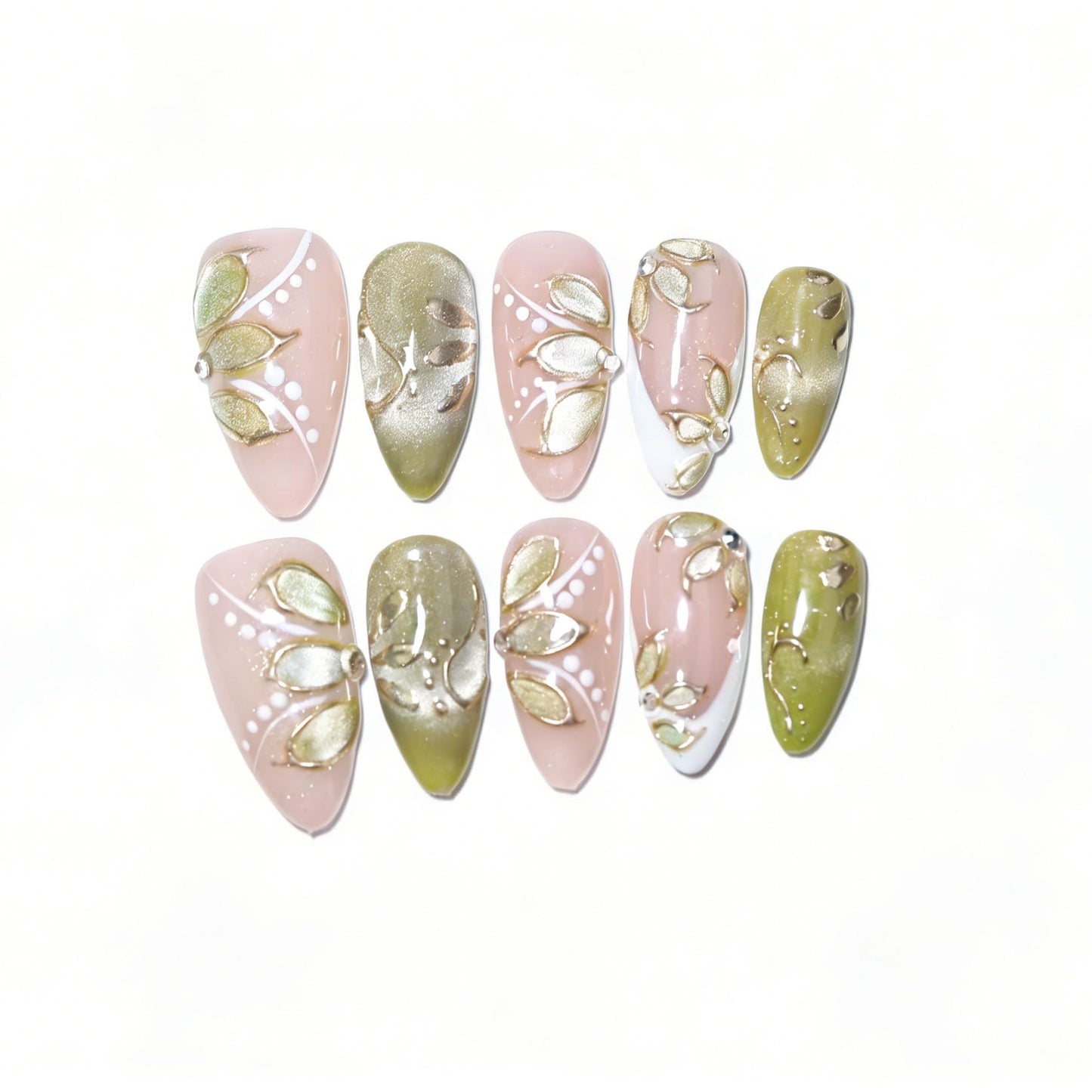 10Pcs Medium Almond Handmade Press On Nails | Easy Apply & Remove, Reusable Salon Quality Nails | Elegant Nude & Olive Green Cat-Eye Fake Nails with 3D Leaf & Gold Accents(5U10, M)