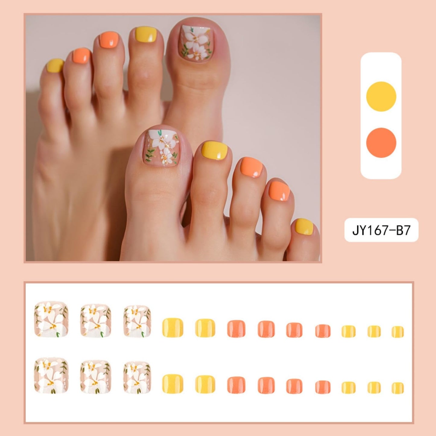 Flower Press on Toenails Short Square Fake Toe Nails Orange False Toenails Glossy Full Cover Acrylic Glue on Toenails Cute Toe Nails Artificial Stick on Toenails for Women Manicure 24 Pcs