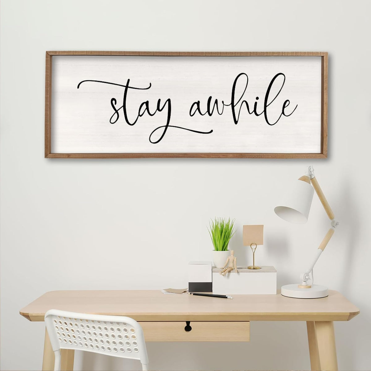 Stay Awhile Sign Wall Decor Sign 40"X15" Large Living Room Entryway Wood Framed Rustic Wall Decor for Vintage Farmhouse Foyer Hanging Lets Stay Home Wall Art (Wood)