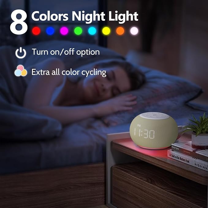 REACHER Auto Dimmable Sound Machine Alarm Clock with Night Light for Girls | 20 soothing sounds, sleep timer, precise volume, soft night lights, auto-dimming display, cute white noise soother for kids