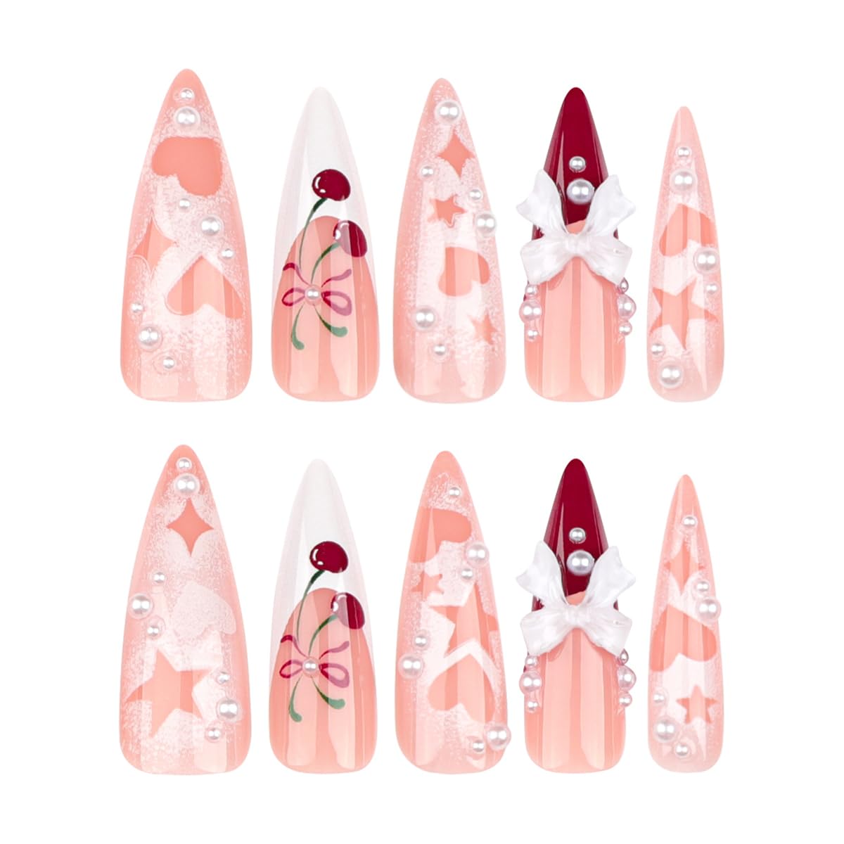 Cherry Press on Nails Long Stiletto Fake Nails French Tip False Nails Star Heart 3D Bow Design Extra Long Full Cover Glossy Acrylic Nails for Women Manicure 24PCS