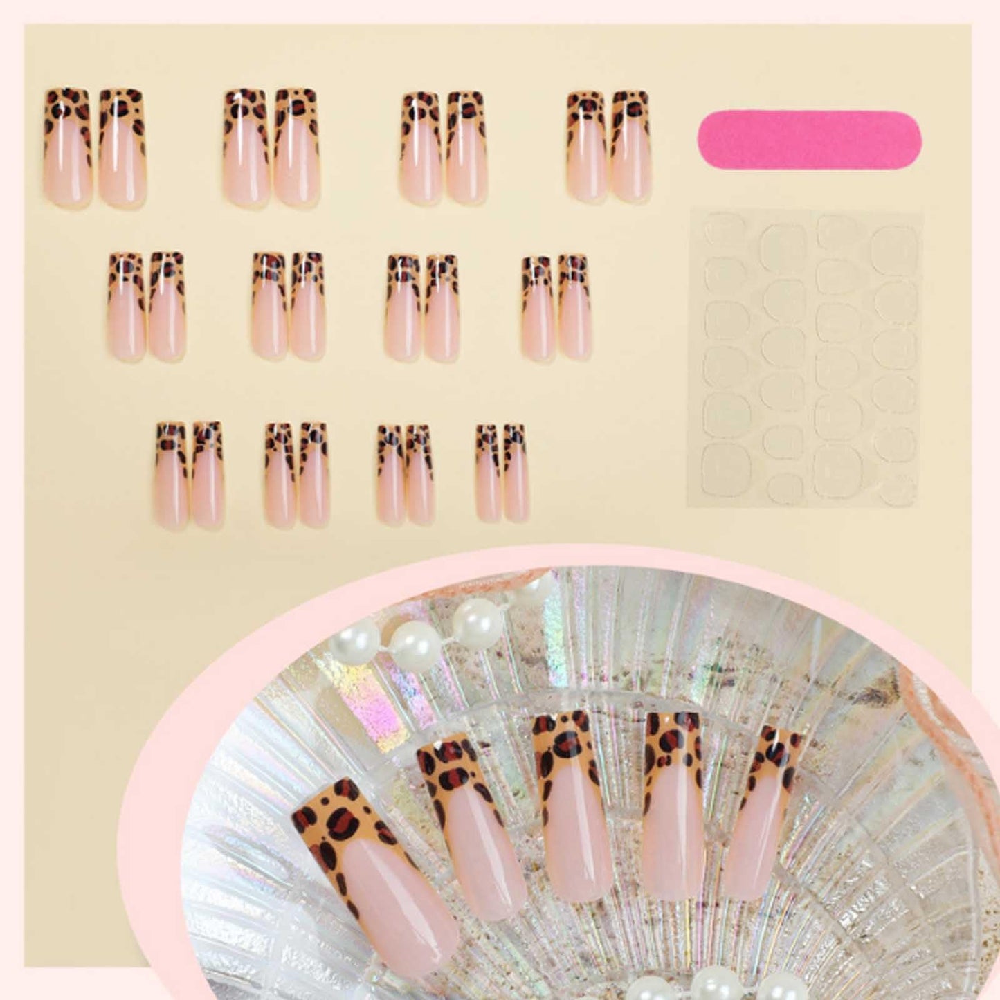 Hkanlre Square French Press on Nails Long Fake Nails Tips Full Cover Leopard Print False Nails for Women 24PCS